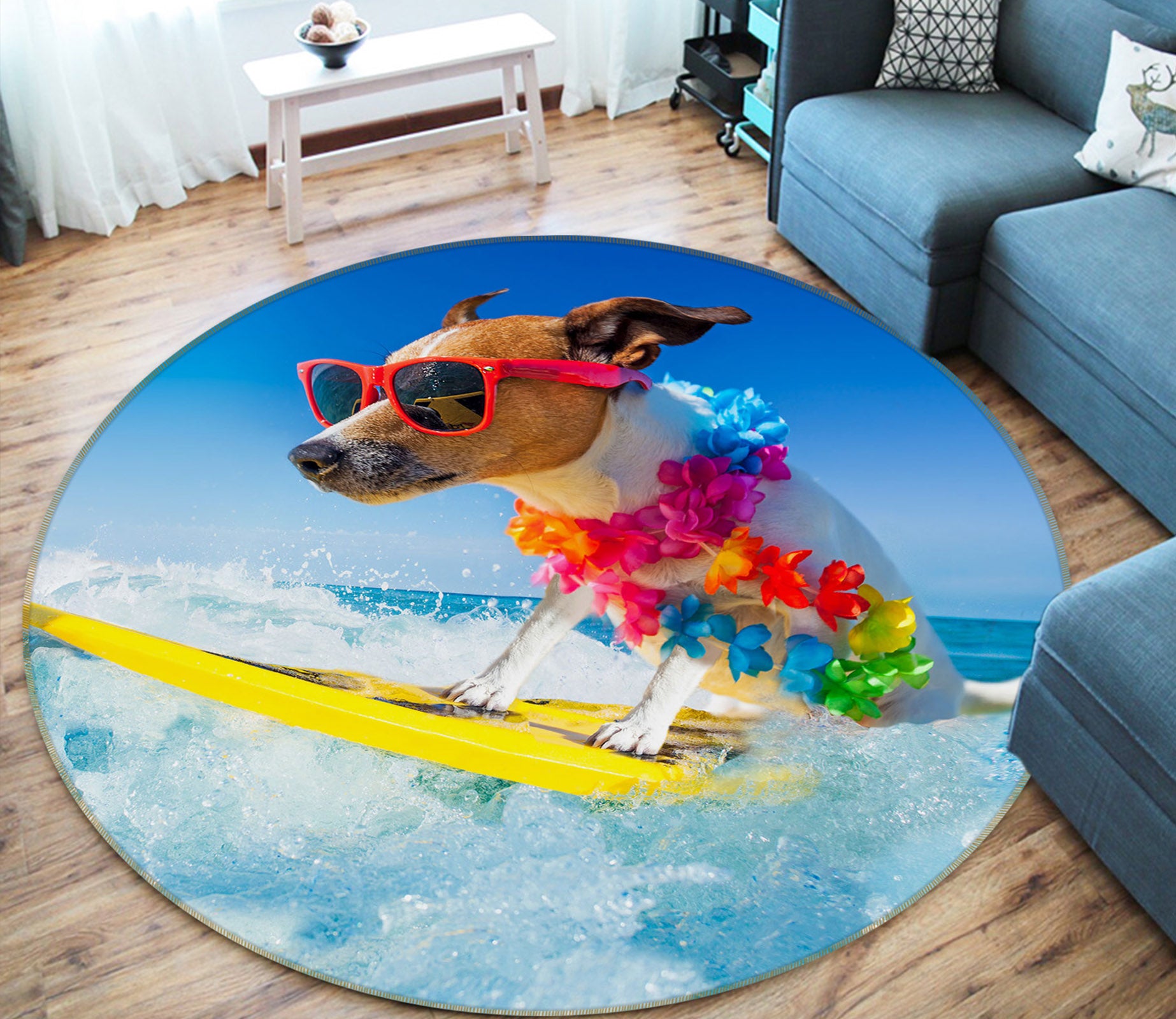 3D Surfing Dog 29027 Round Non Slip Rug Mat