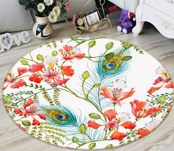 3D Flowers Peacock Feather 29021 Round Non Slip Rug Mat