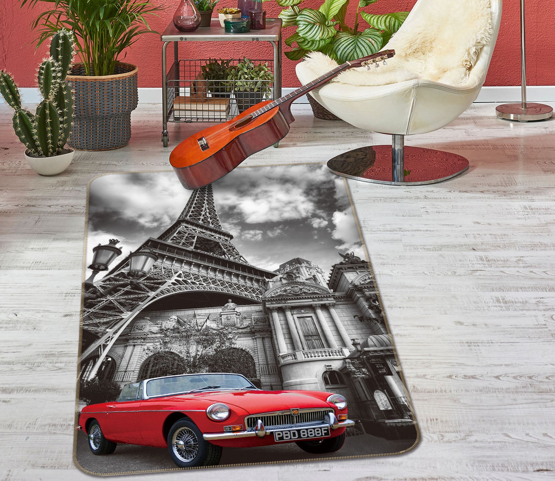 3D Red Car Eiffel Tower 42123 Vehicle Non Slip Rug Mat