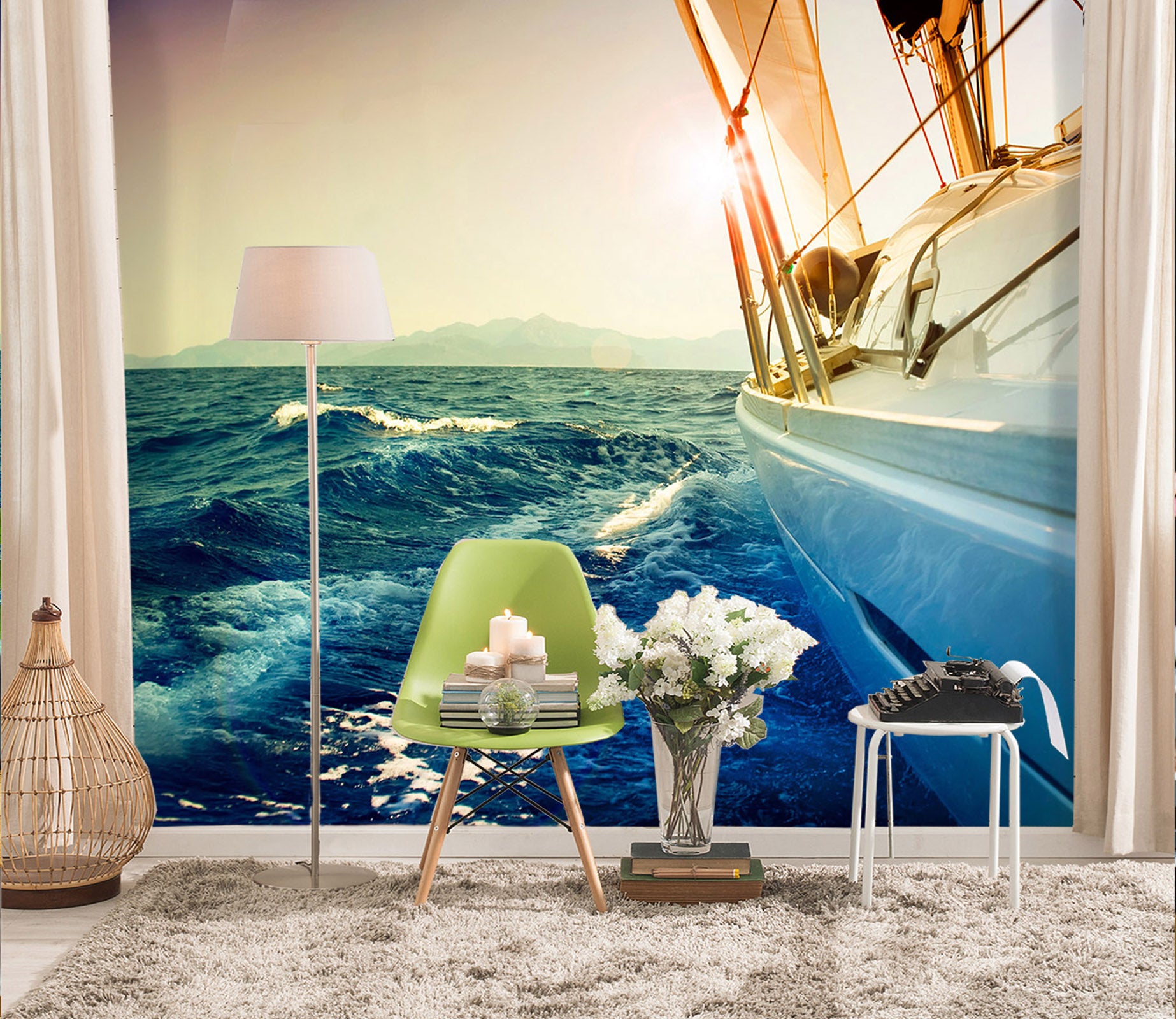 3D Sunset Yacht Sea 409 Vehicle Wall Murals