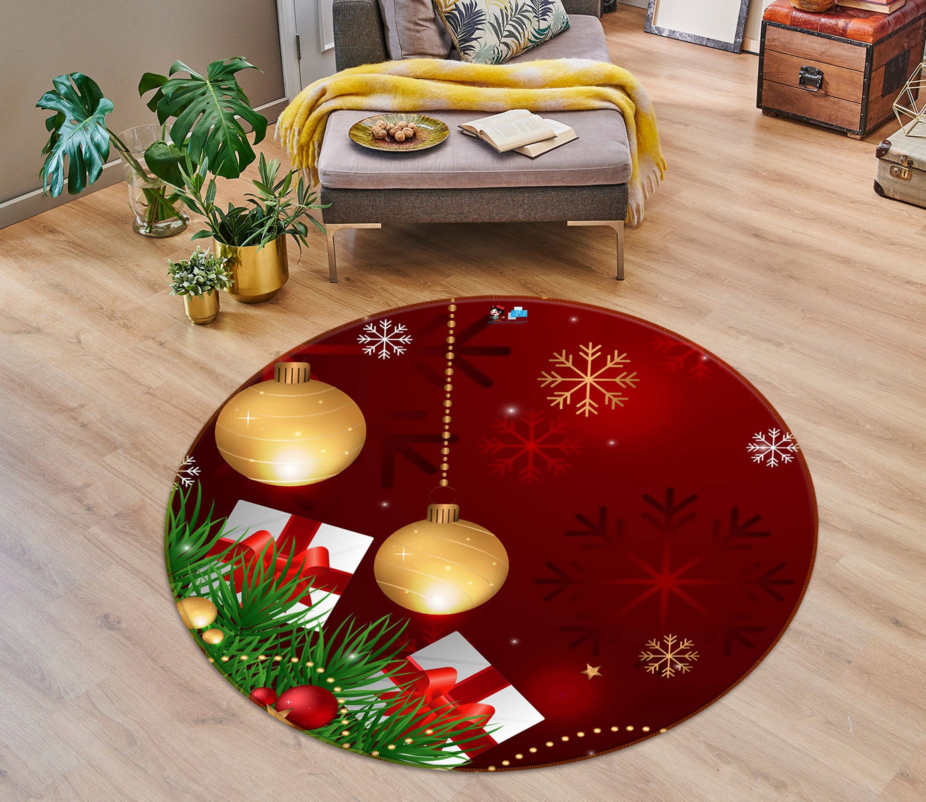3D Golden Ball 75128 Round Non Slip Rug Mat