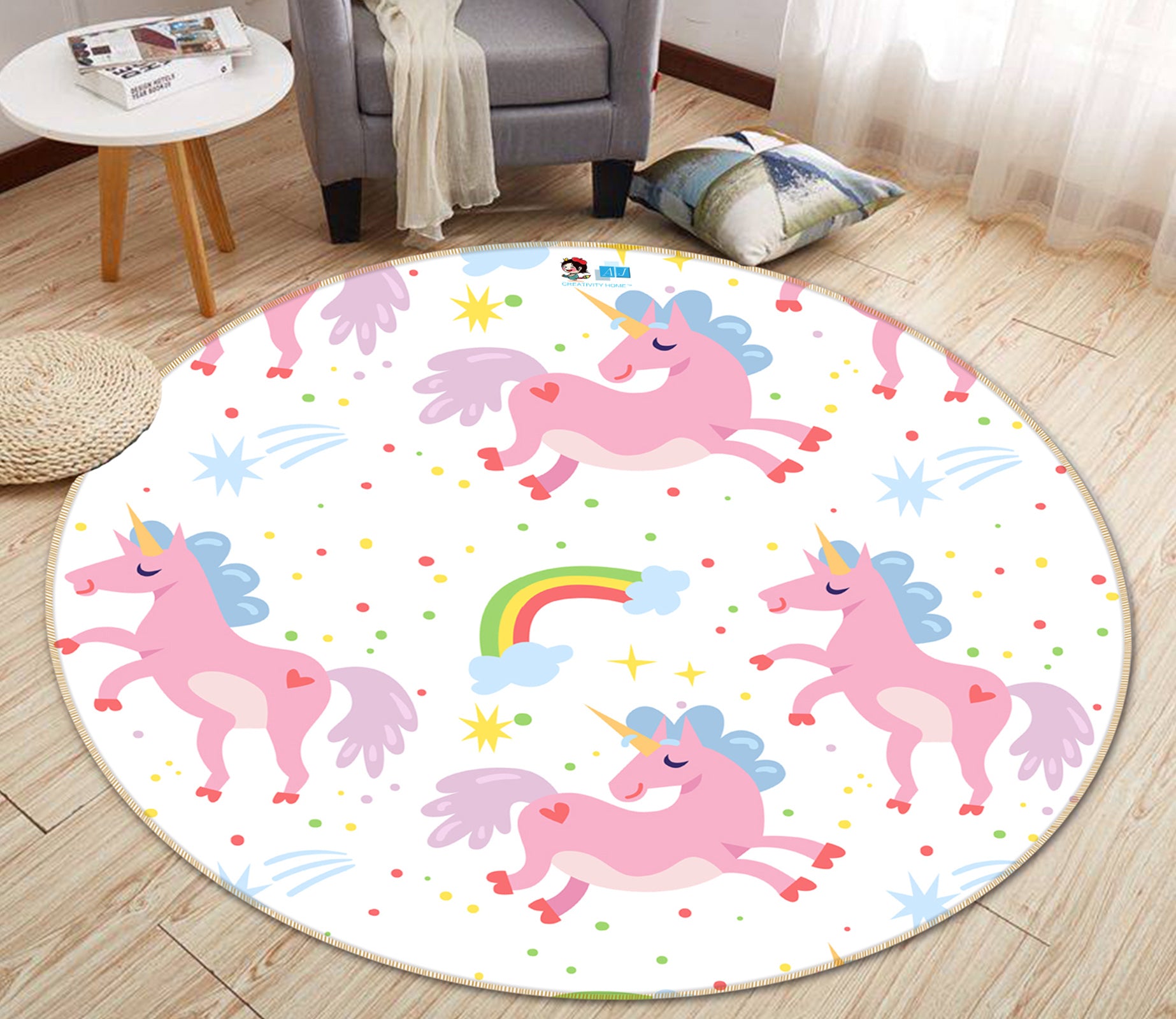 3D Pink Unicorn Pattern 81124 Round Non Slip Rug Mat