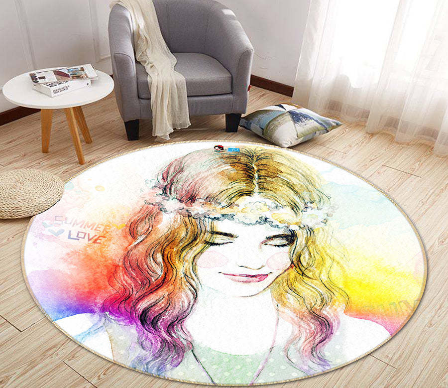 3D Long-Haired Beauty 66186 Round Non Slip Rug Mat