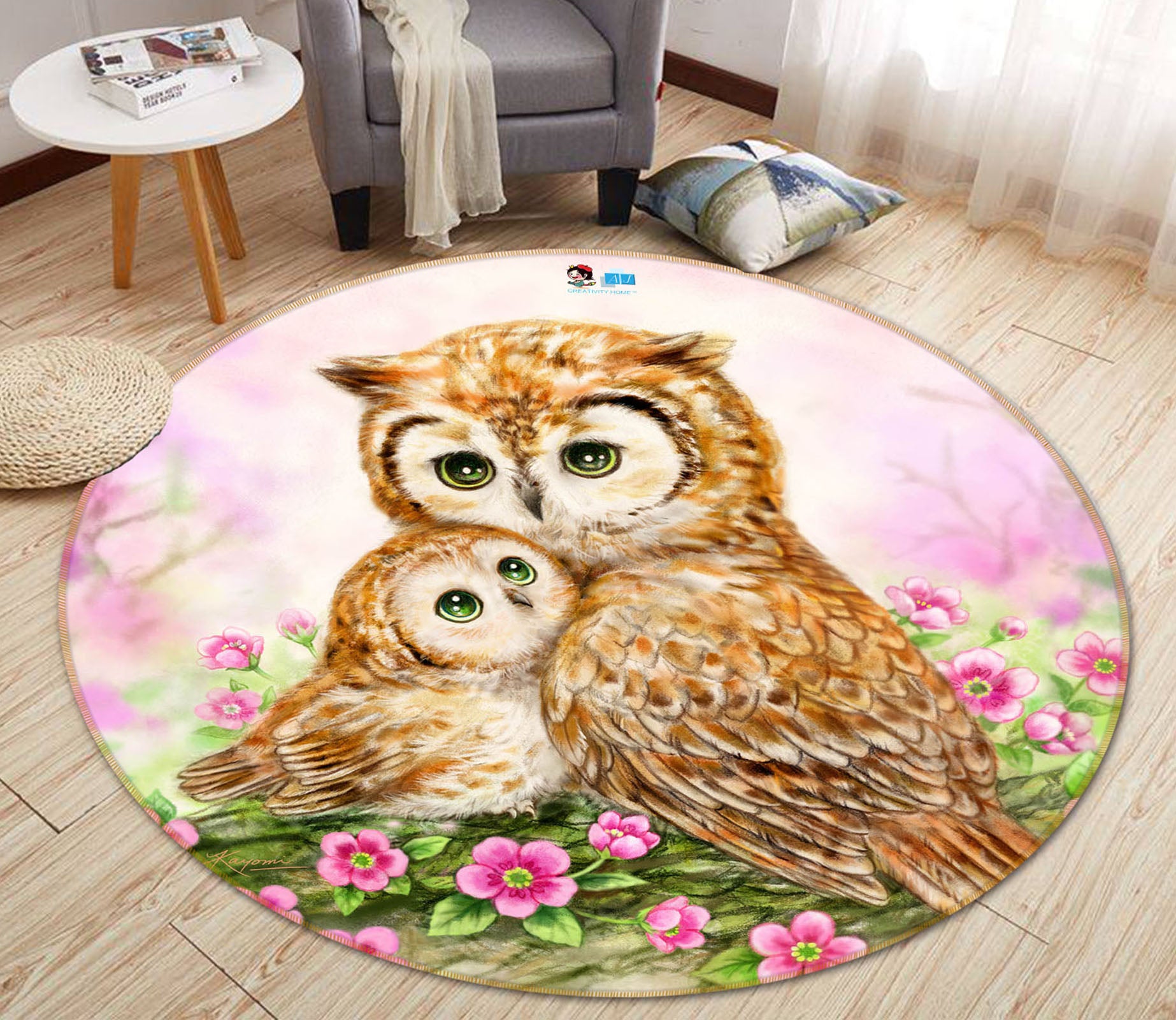 3D Cartoon Owl 6047 Kayomi Harai Rug Round Non Slip Rug Mat