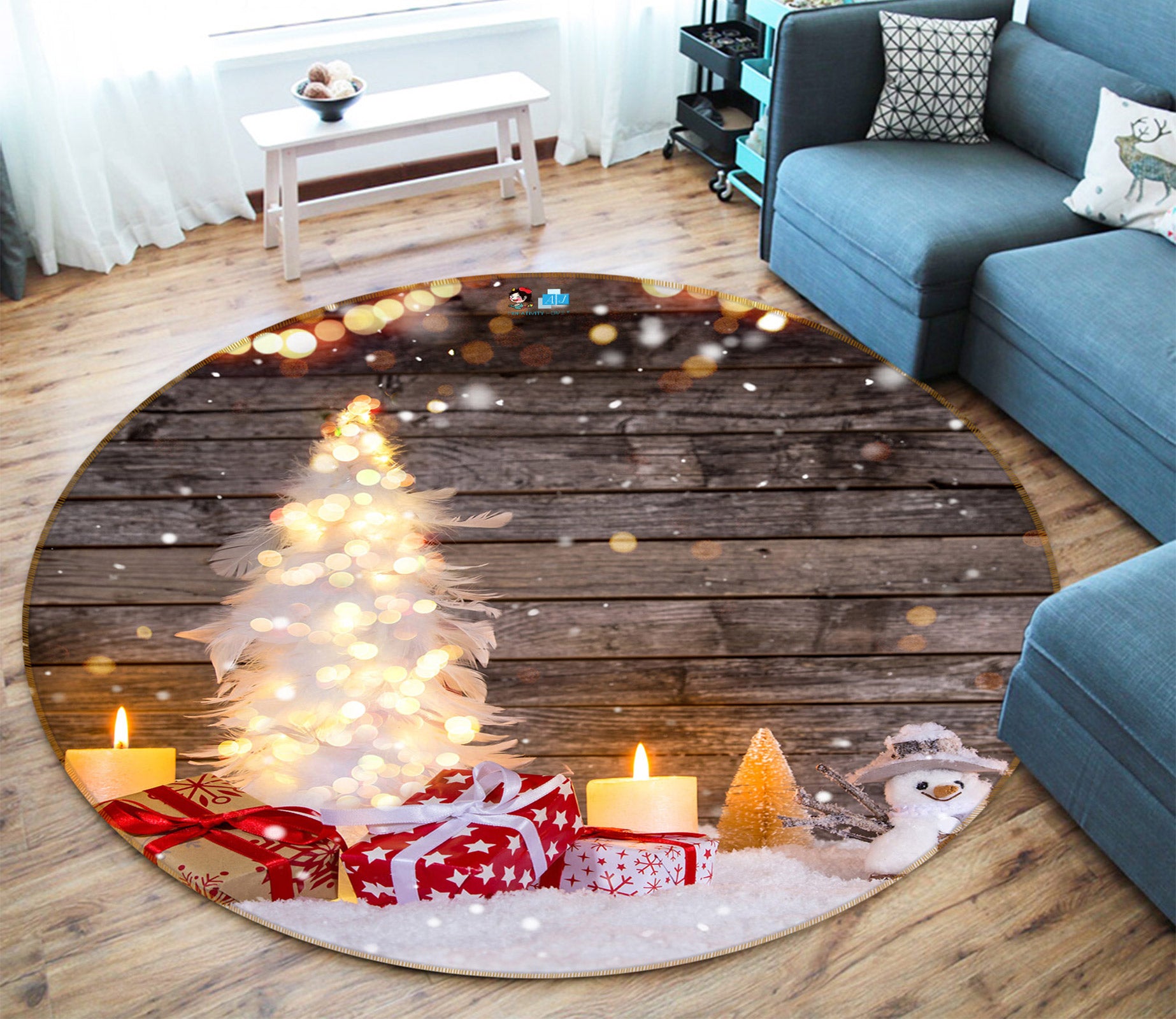 3D White Snow Tree Gift 54071 Christmas Round Non Slip Rug Mat Xmas