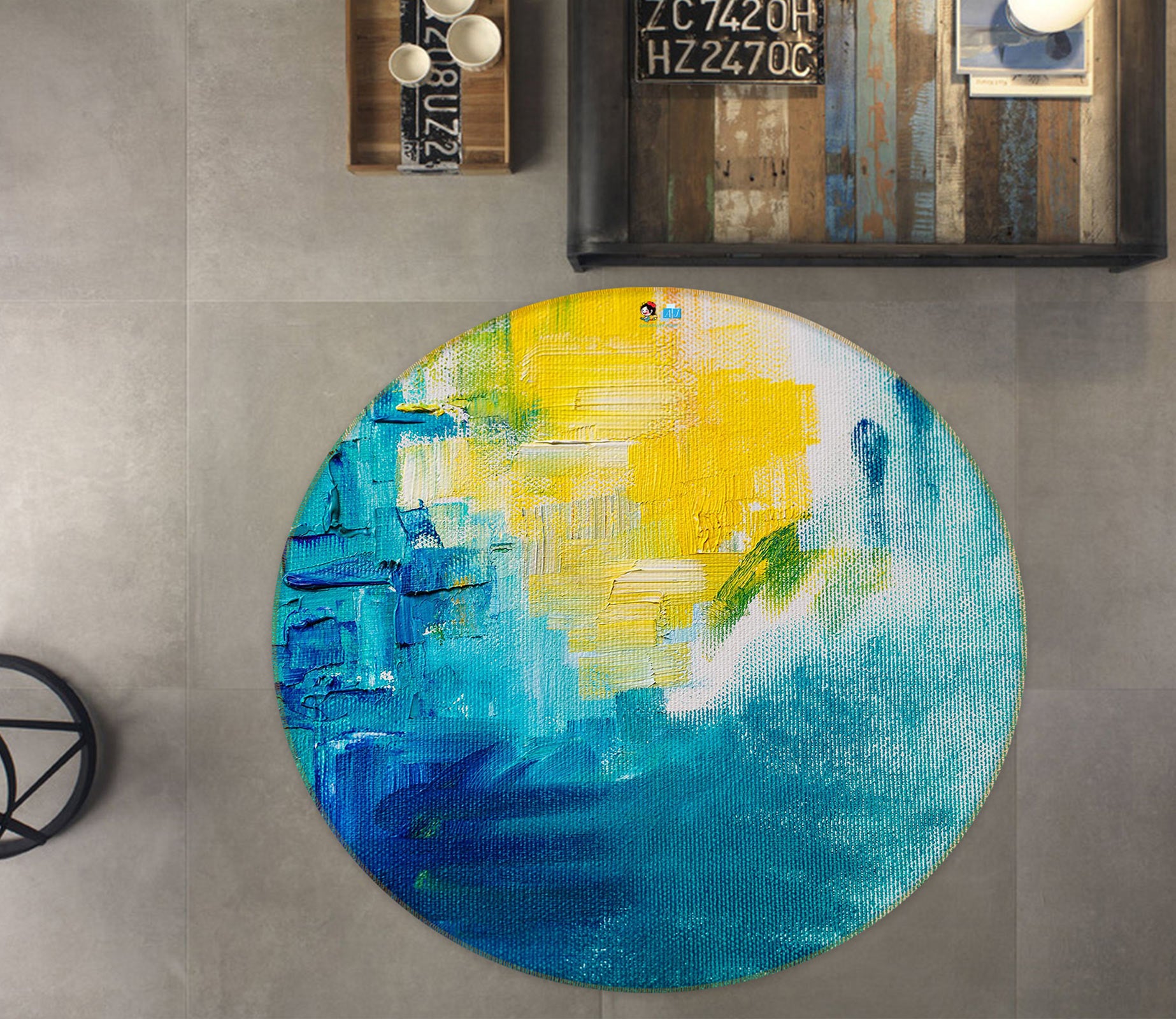 3D Oil Painting Yellow Blue 81216 Round Non Slip Rug Mat