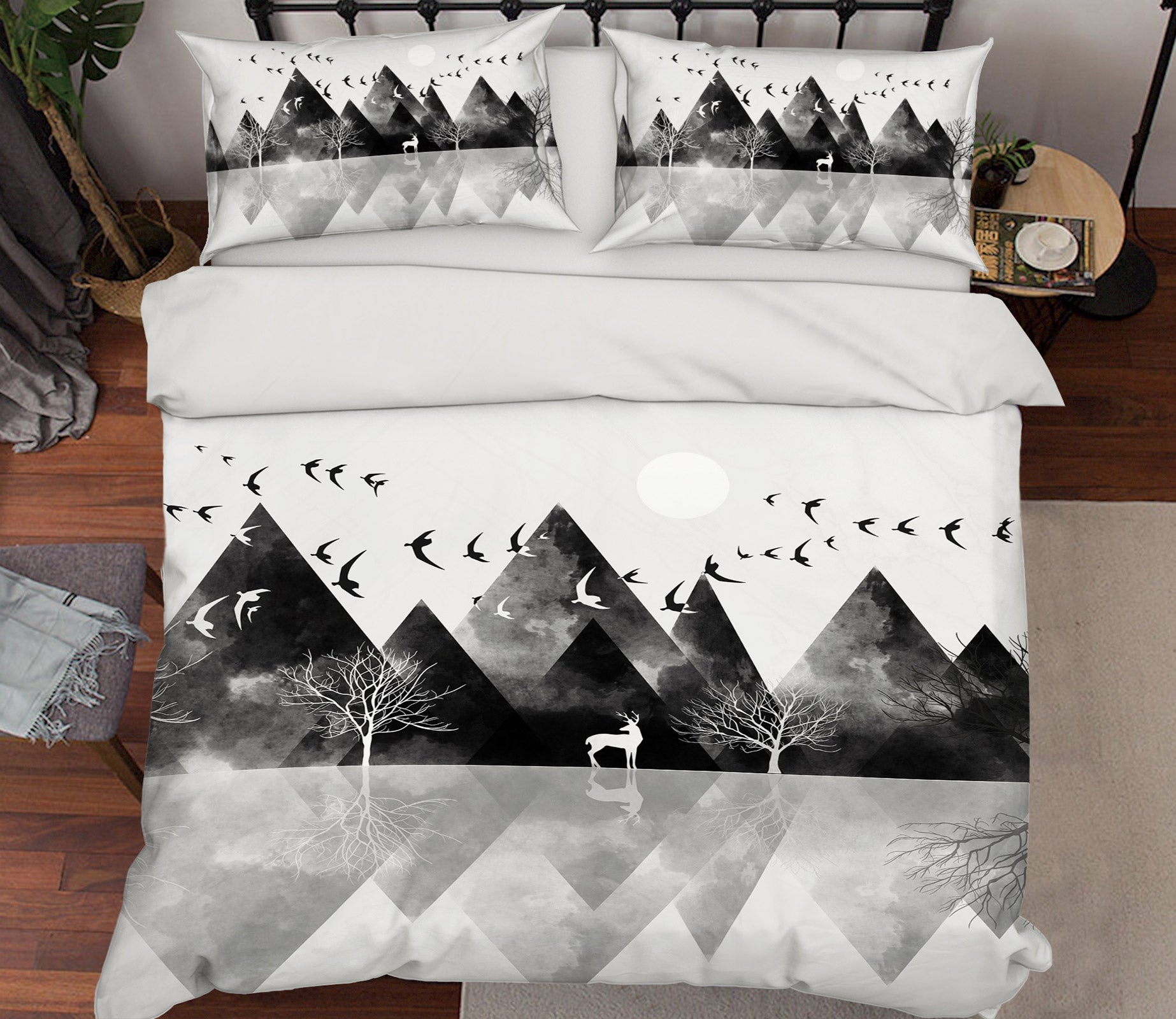 3D White Black Mountain Deer 12065 Bed Pillowcases Quilt