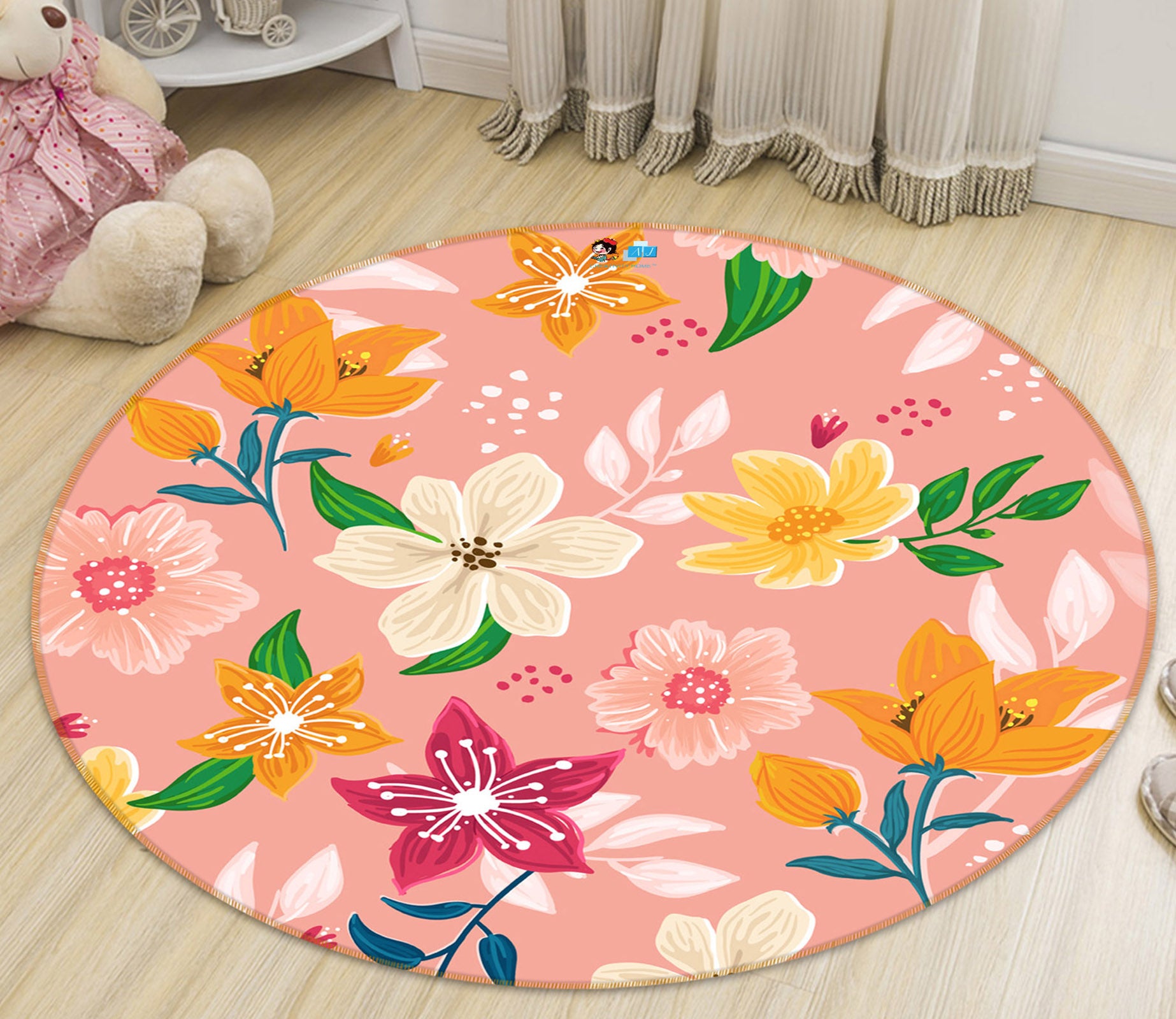 3D Flowers Pattern 71274 Round Non Slip Rug Mat