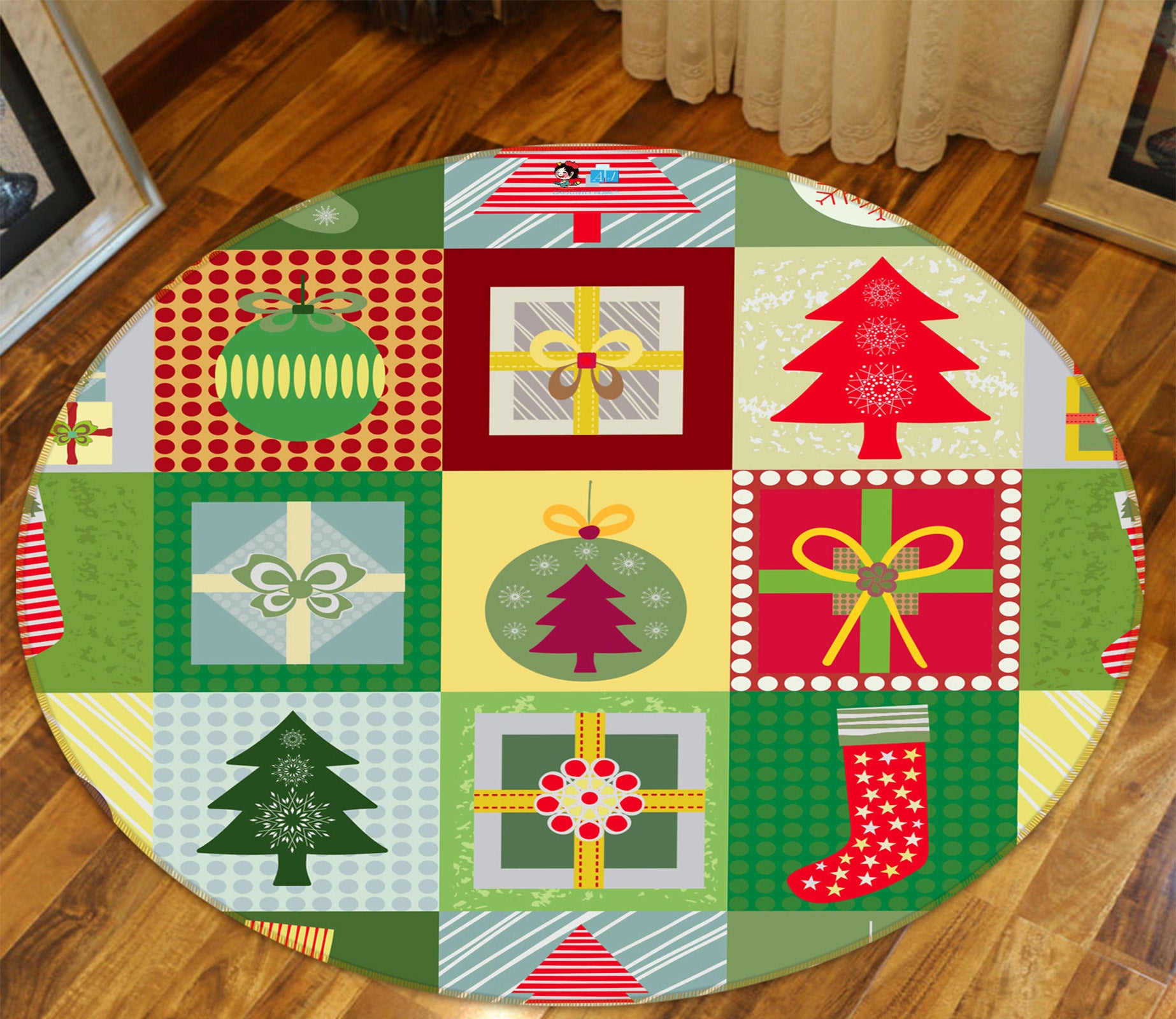 3D Tree Sock 54073 Christmas Round Non Slip Rug Mat Xmas