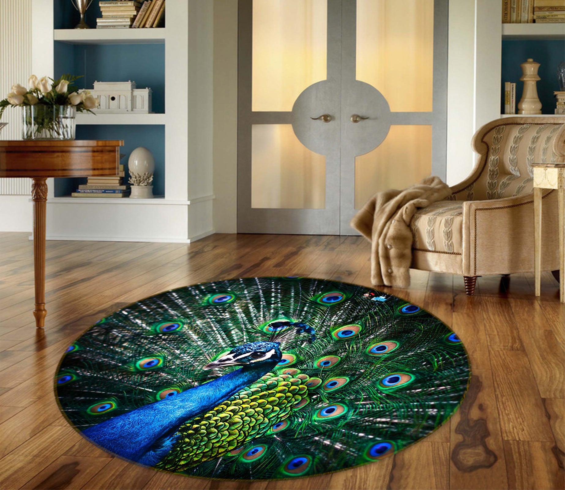3D Peacock 81154 Round Non Slip Rug Mat
