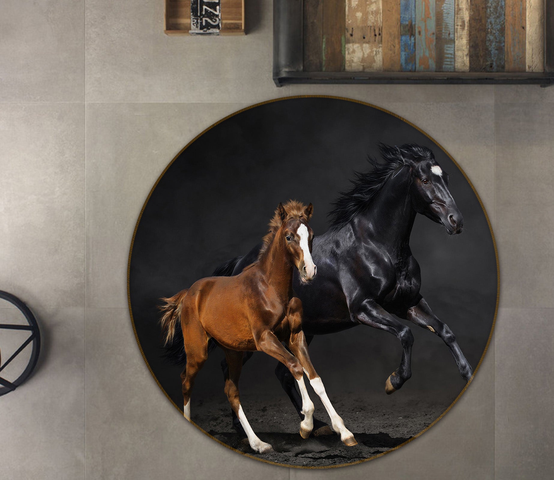 3D Two Horses 38011 Animal Round Non Slip Rug Mat