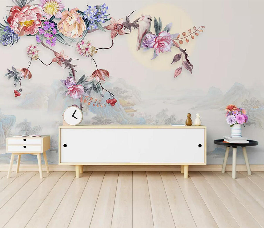 3D Pink Parrot Flower WC585 Wall Murals