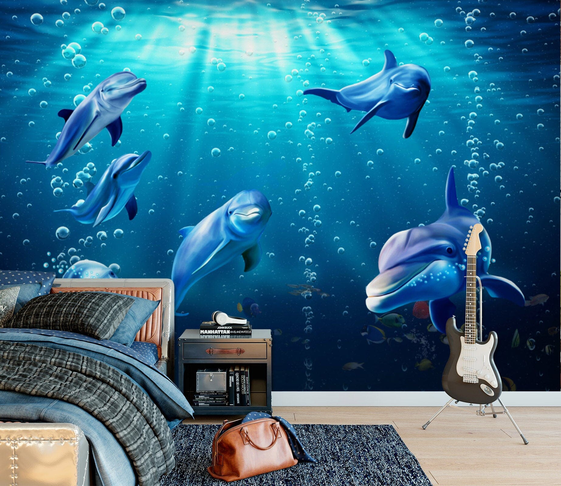 3D Dolphin Swimming 1639 Wall Murals Wallpaper AJ Wallpaper 2 