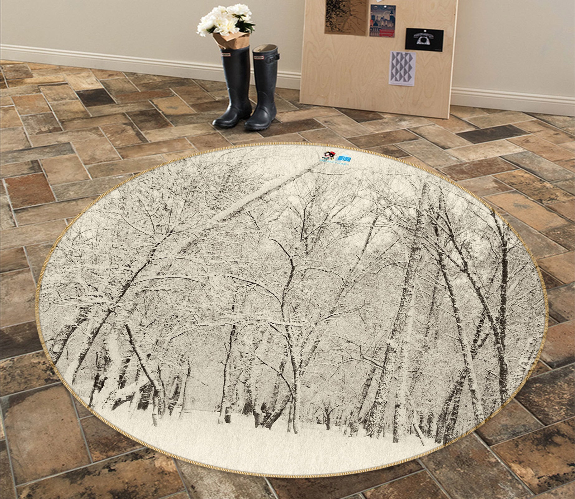 3D Forest Snowfield 80214 Round Non Slip Rug Mat