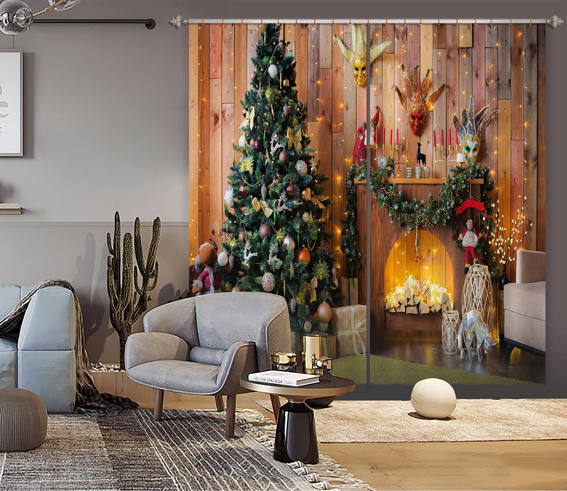 3D Tree Fireplace 52075 Christmas Curtains Drapes Xmas