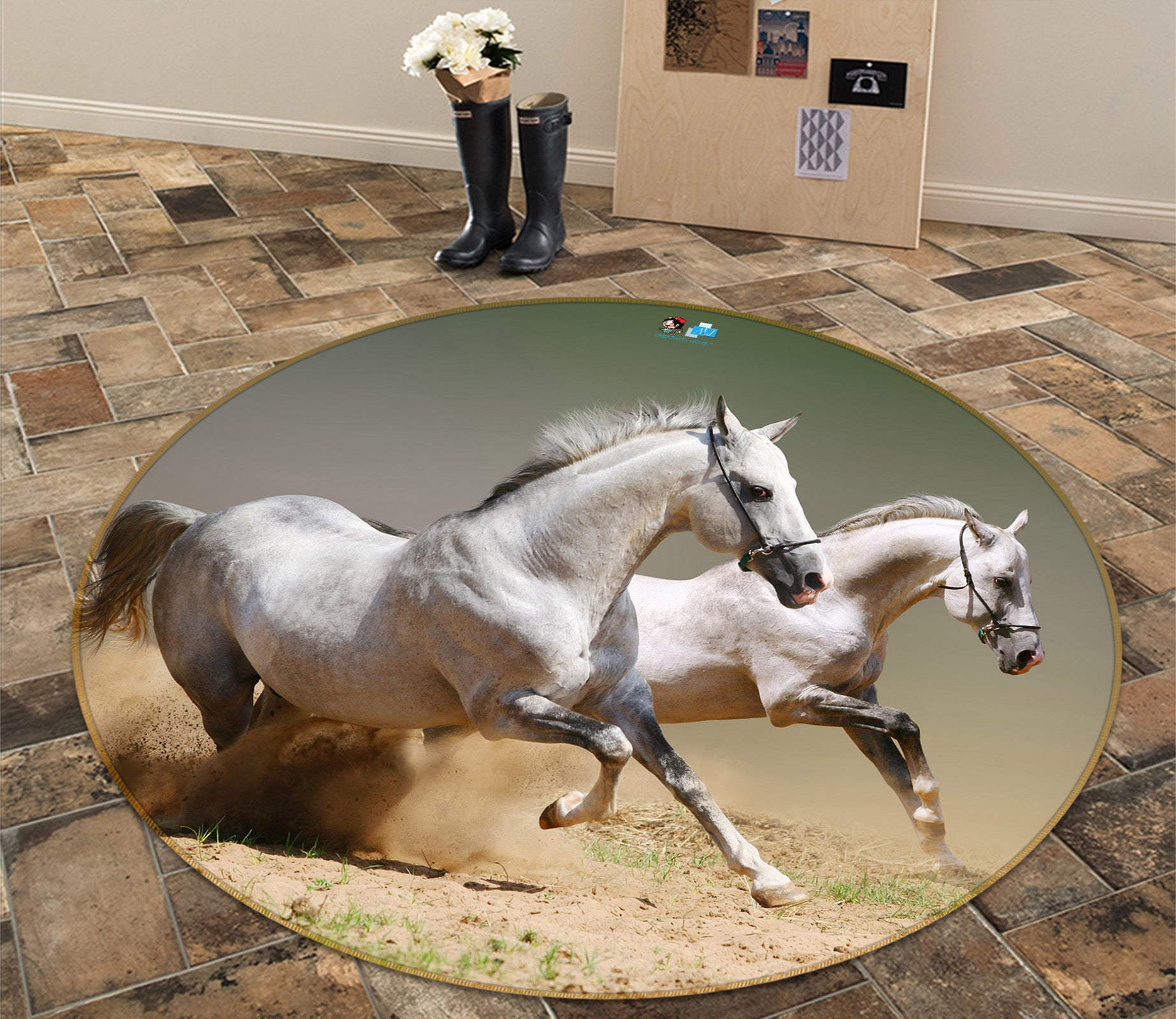 3D White Horse 72146 Round Non Slip Rug Mat