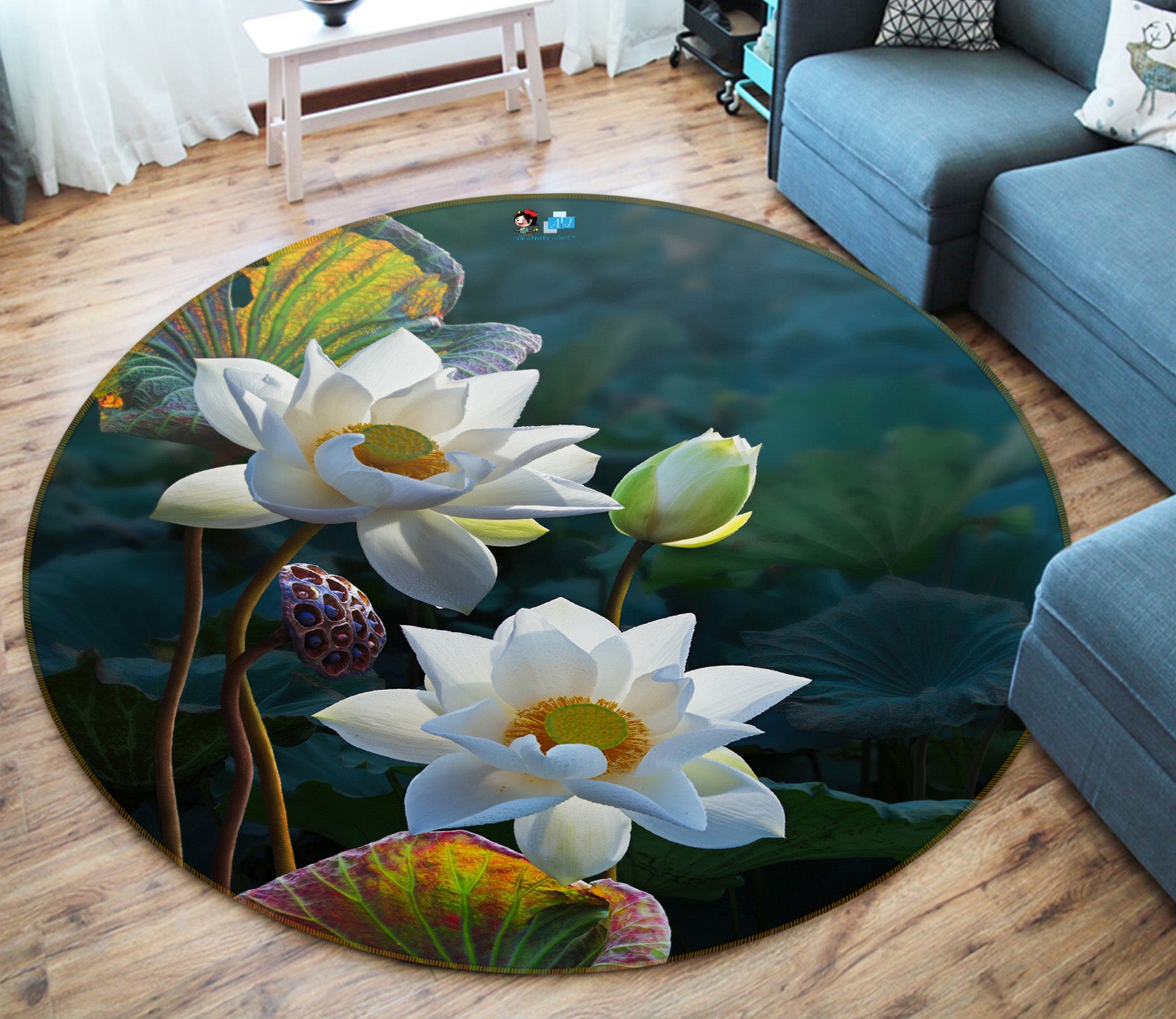 3D White Lotus Pond 71175 Round Non Slip Rug Mat