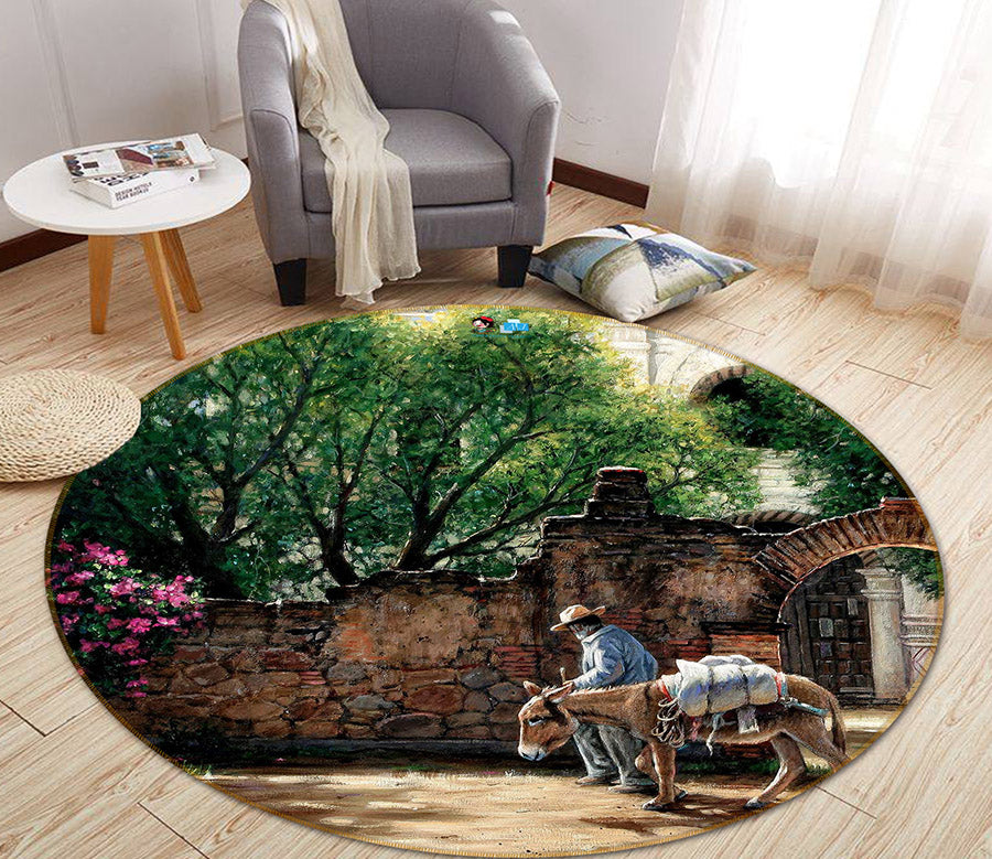 3D Wall Tree Donkey 66210 Round Non Slip Rug Mat
