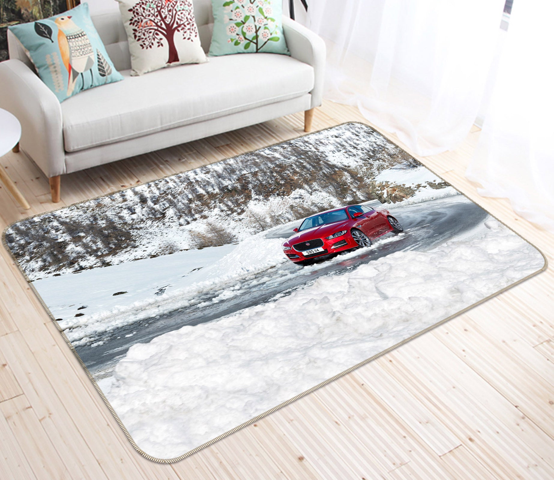 3D Snowfield Red Sports Car 38232 Vehicle Non Slip Rug Mat