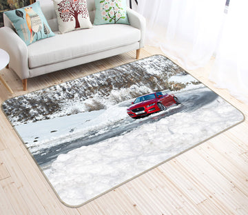 3D Snowfield Red Sports Car 38232 Vehicle Non Slip Rug Mat