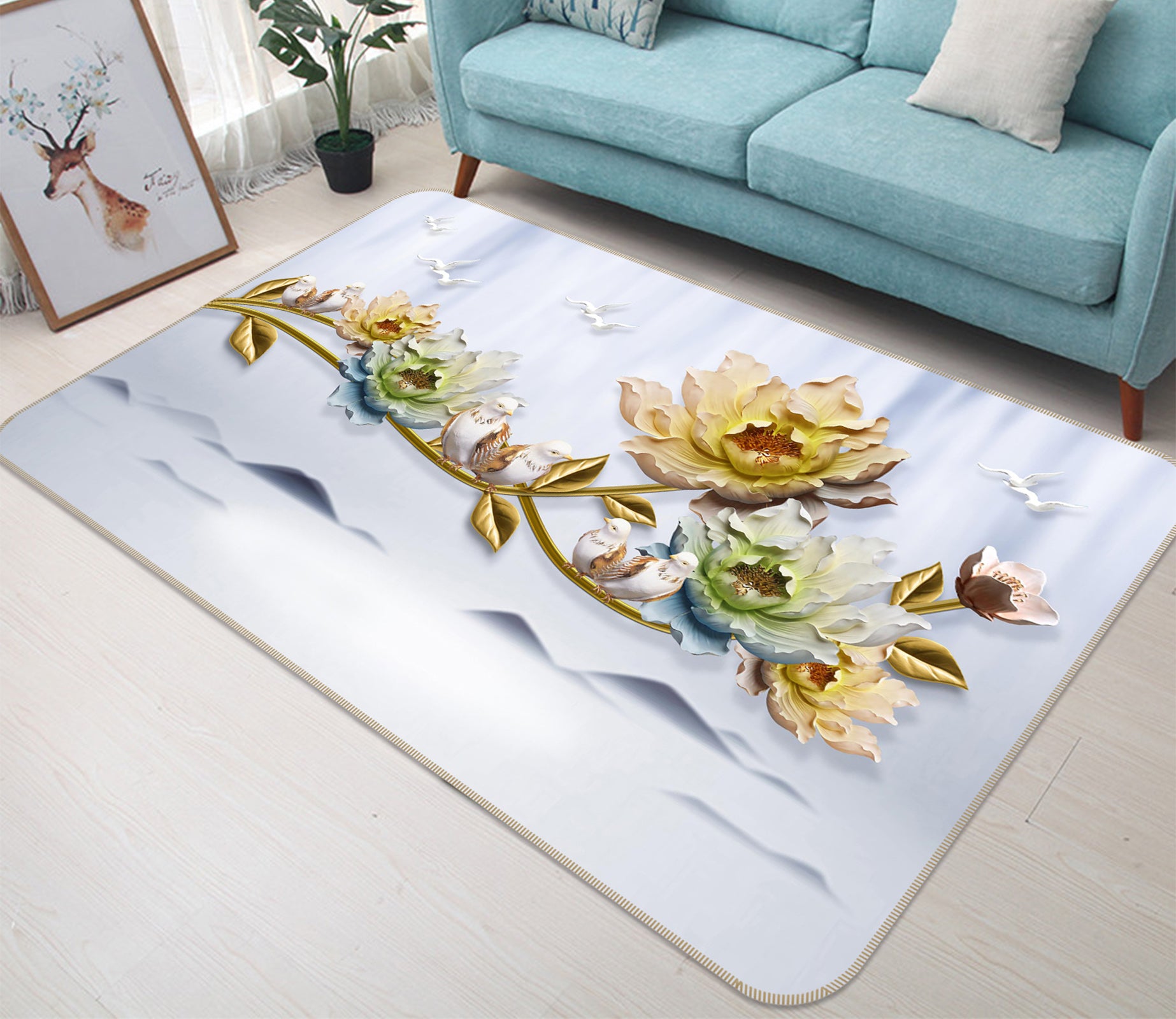 3D Golden Flower Branch 65133 Non Slip Rug Mat