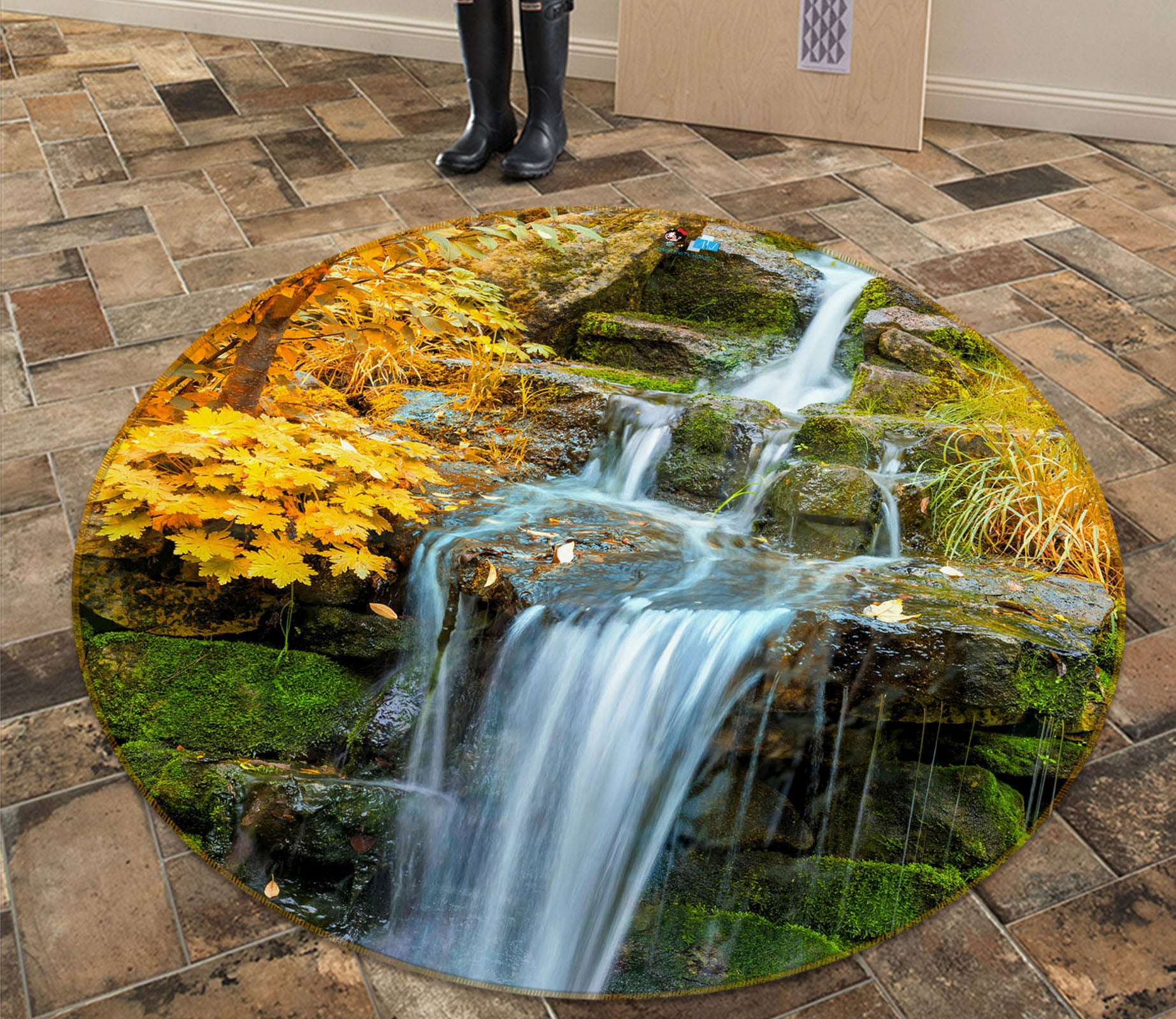 3D Waterfall Running Water 69071 Round Non Slip Rug Mat