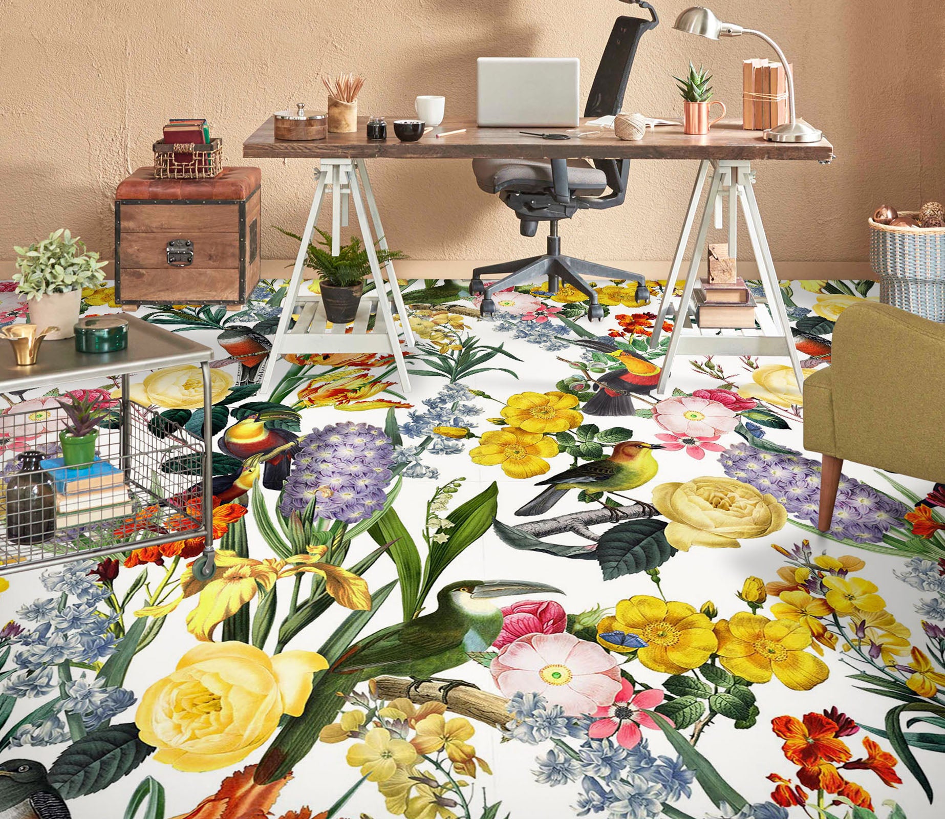 3D Colorful Flower Bird 99221 Uta Naumann Floor Mural