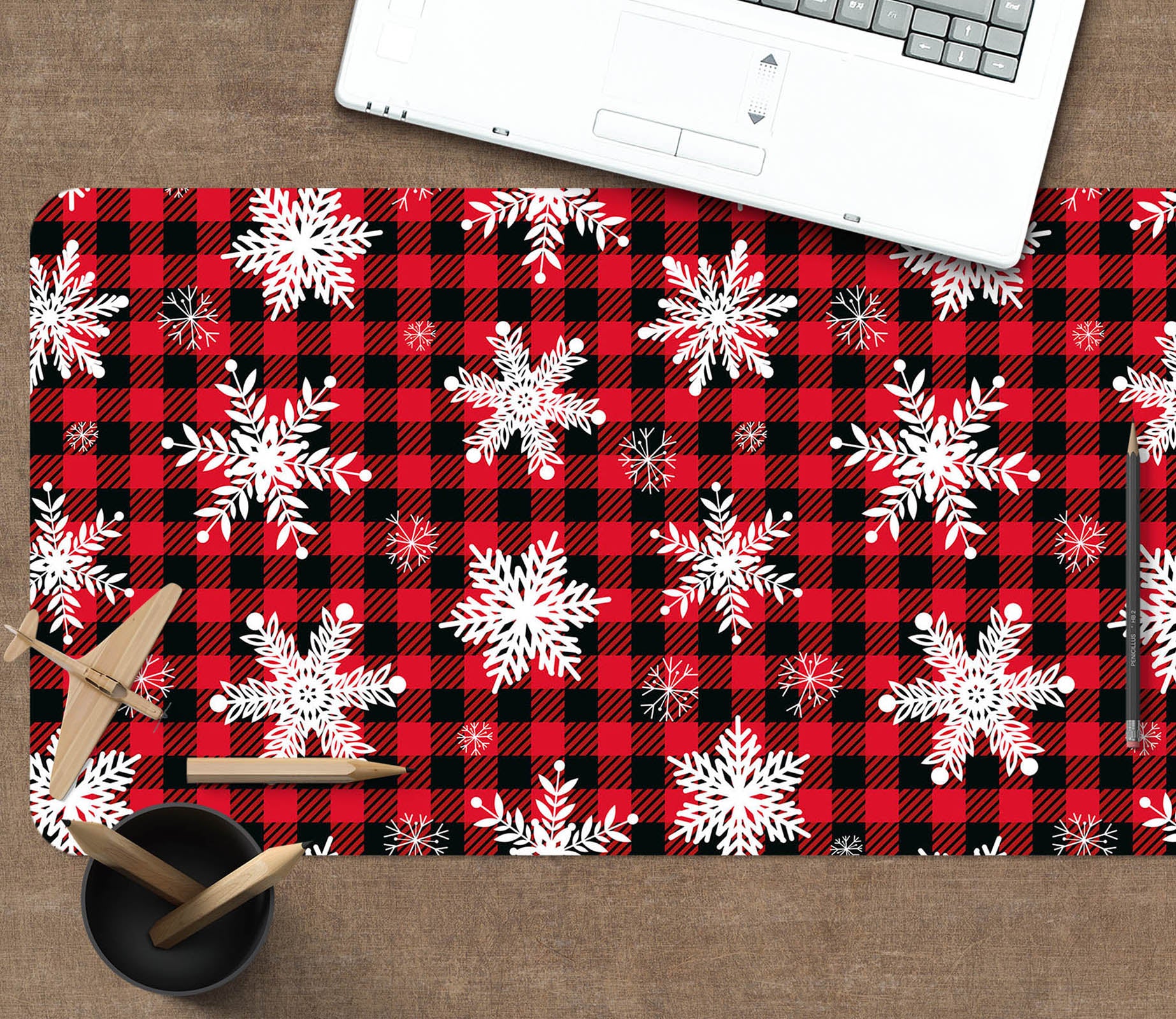 3D Snowflake Black Red Plaid 51244 Christmas Desk Mat Xmas