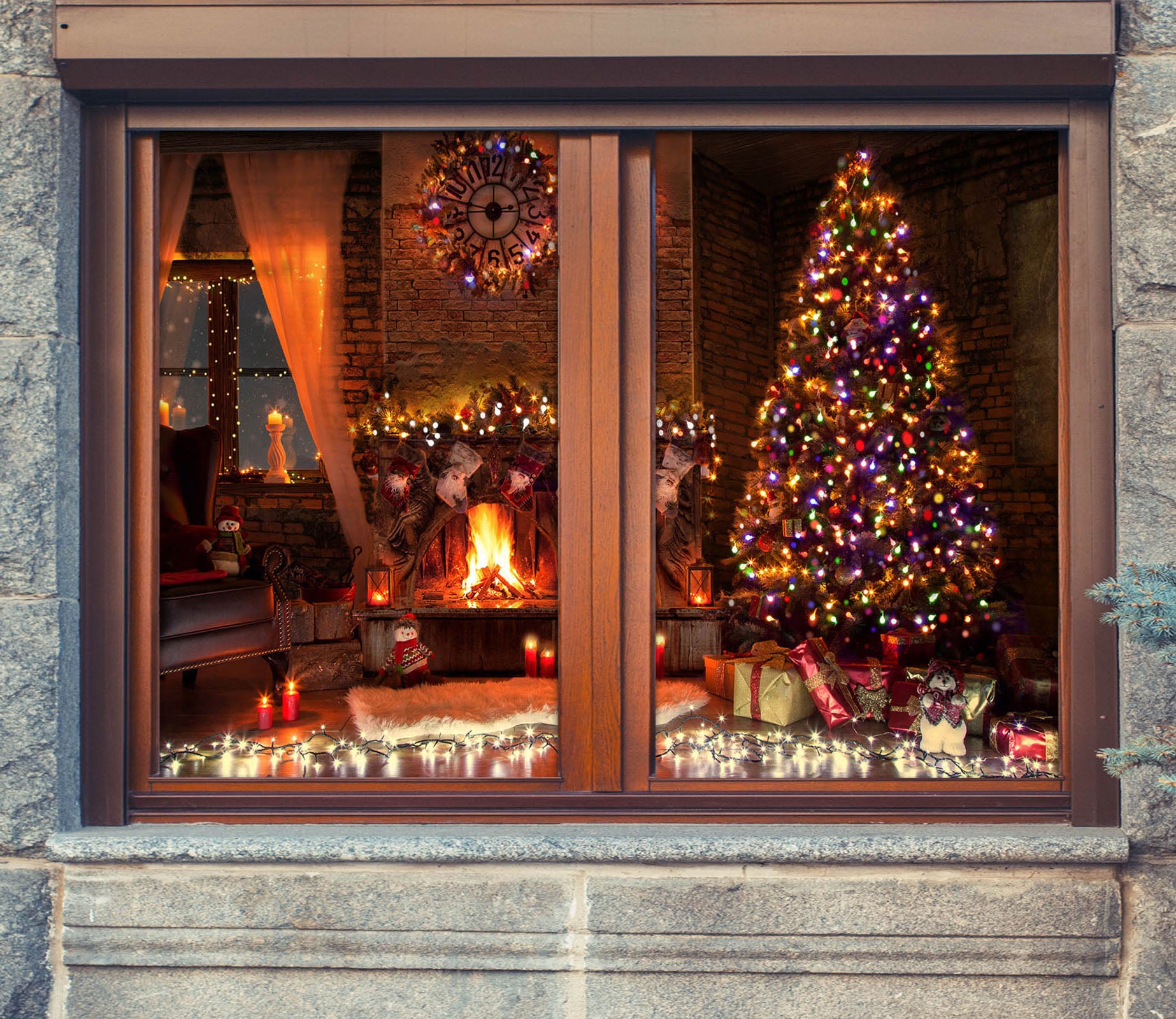 3D Color String Lights Christmas Tree 43051 Christmas Window Film Print Sticker Cling Stained Glass Xmas