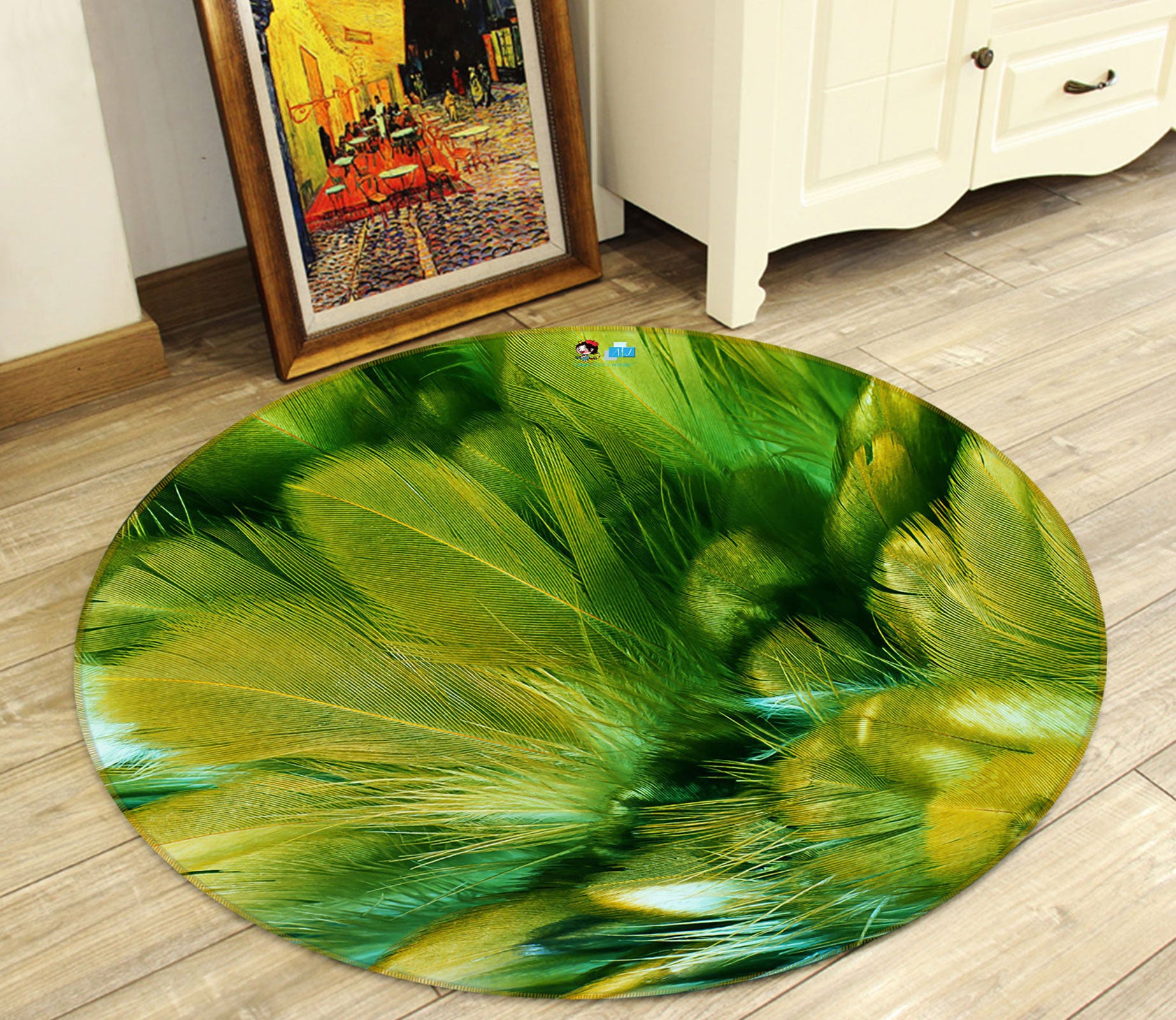 3D Green Feather 81163 Round Non Slip Rug Mat