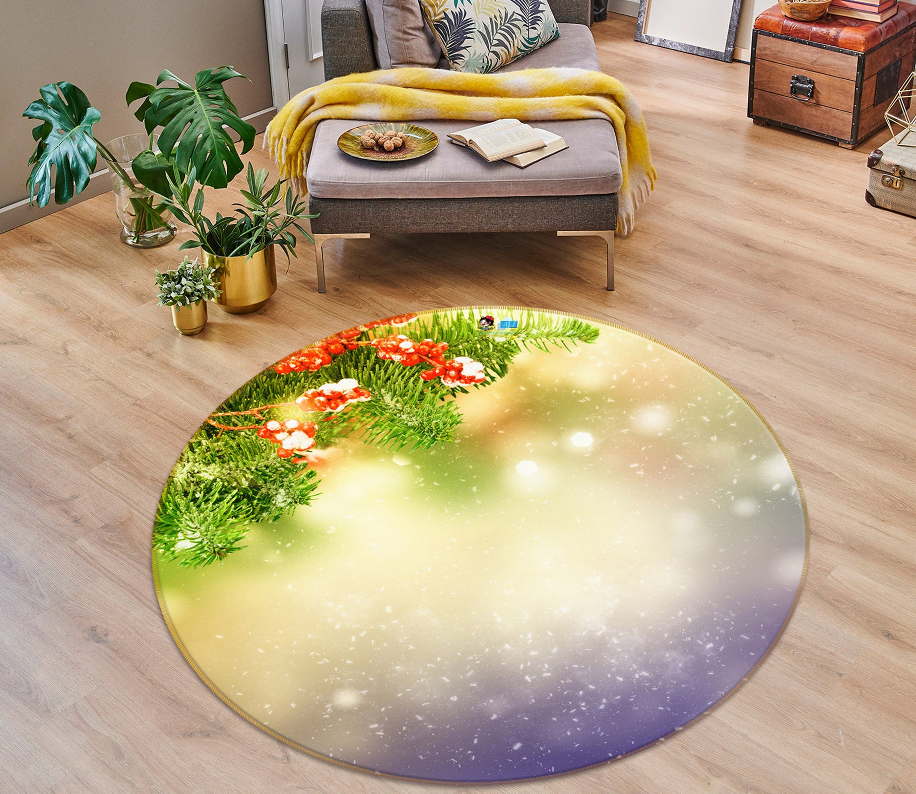 3D Branches Light Shadow 54172 Christmas Round Non Slip Rug Mat Xmas