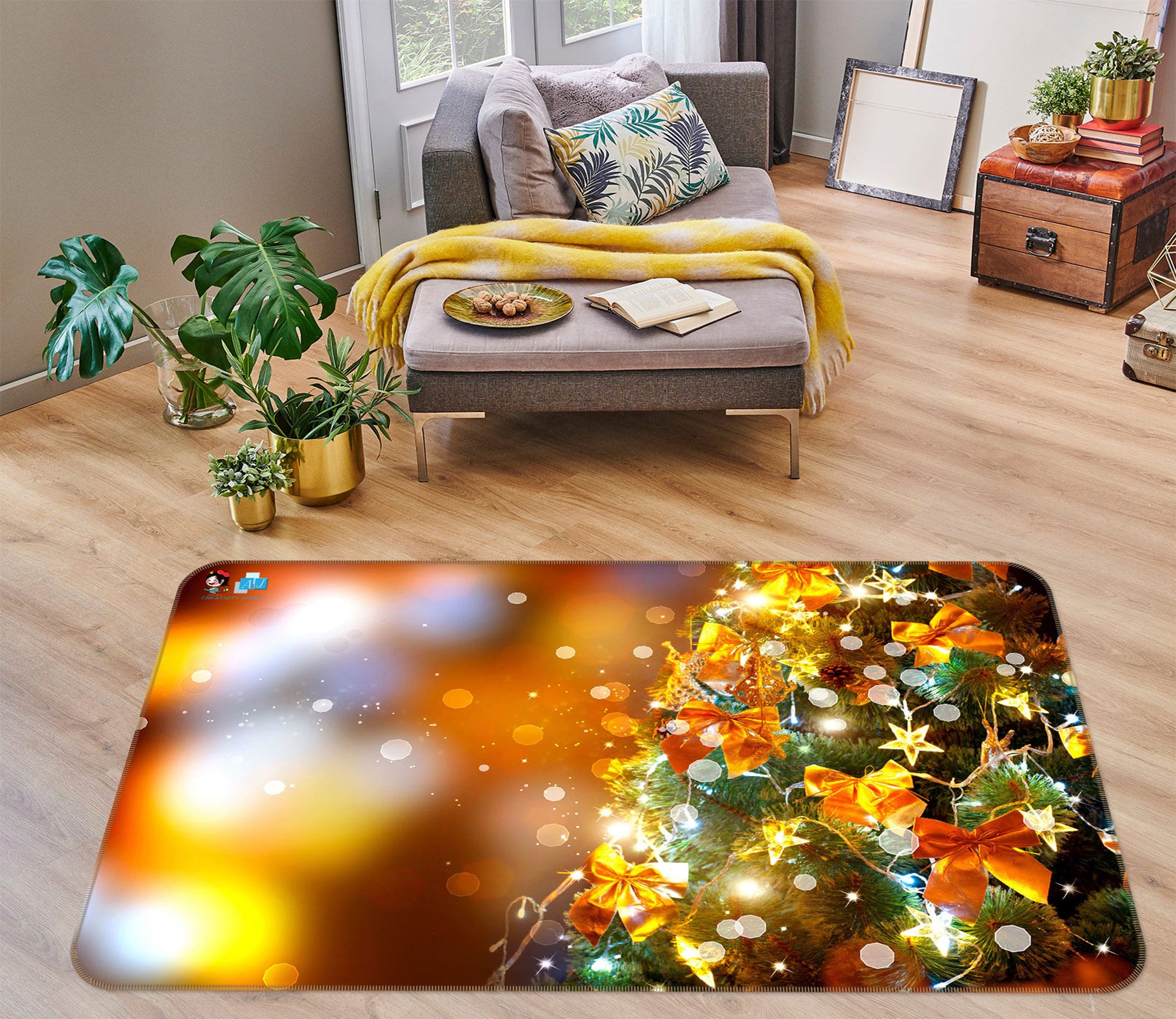 3D Tree Golden Bow 54220 Christmas Non Slip Rug Mat Xmas
