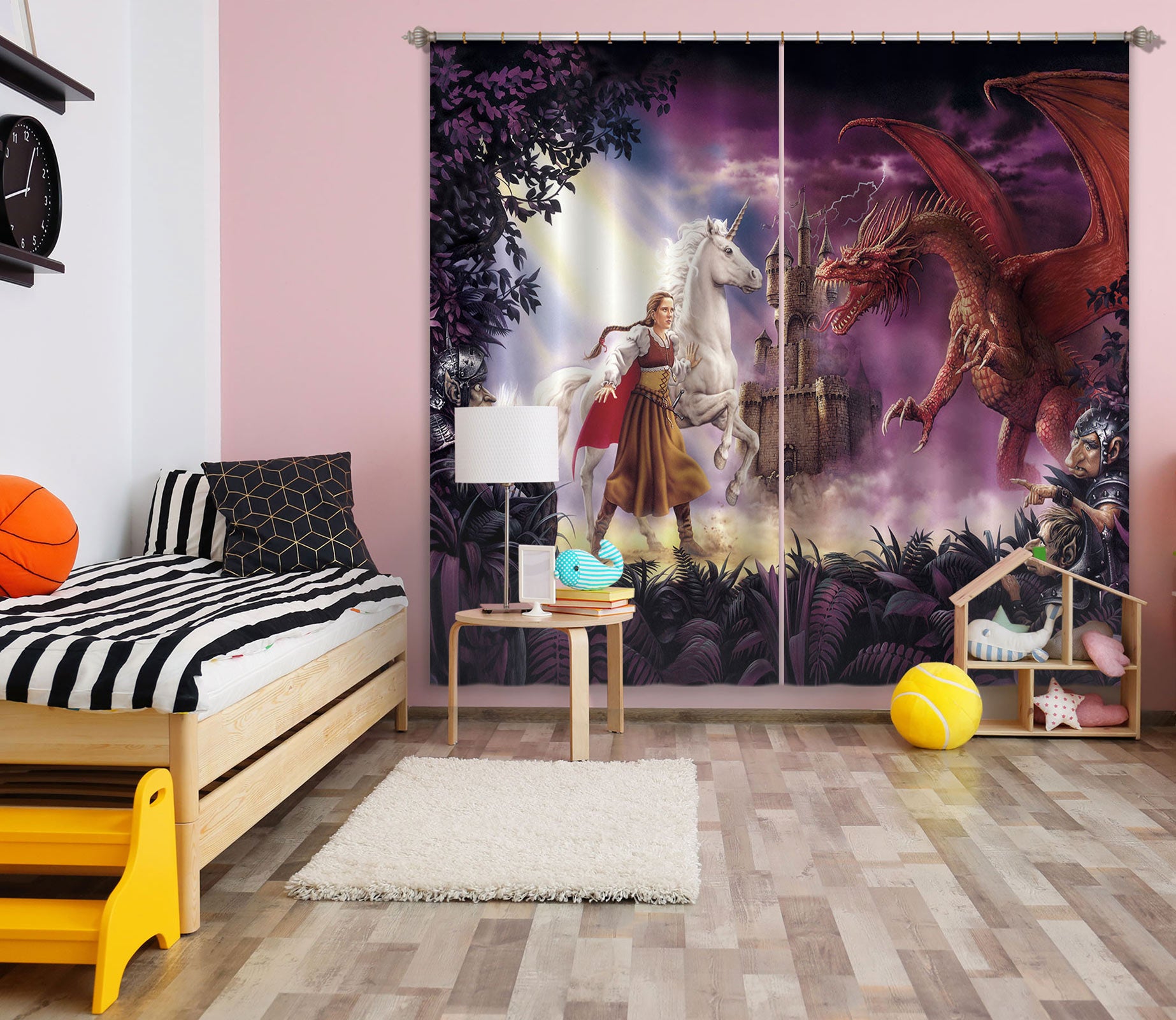 3D Castle White Unicorn Red Dragon 7174 Ciruelo Curtain Curtains Drapes
