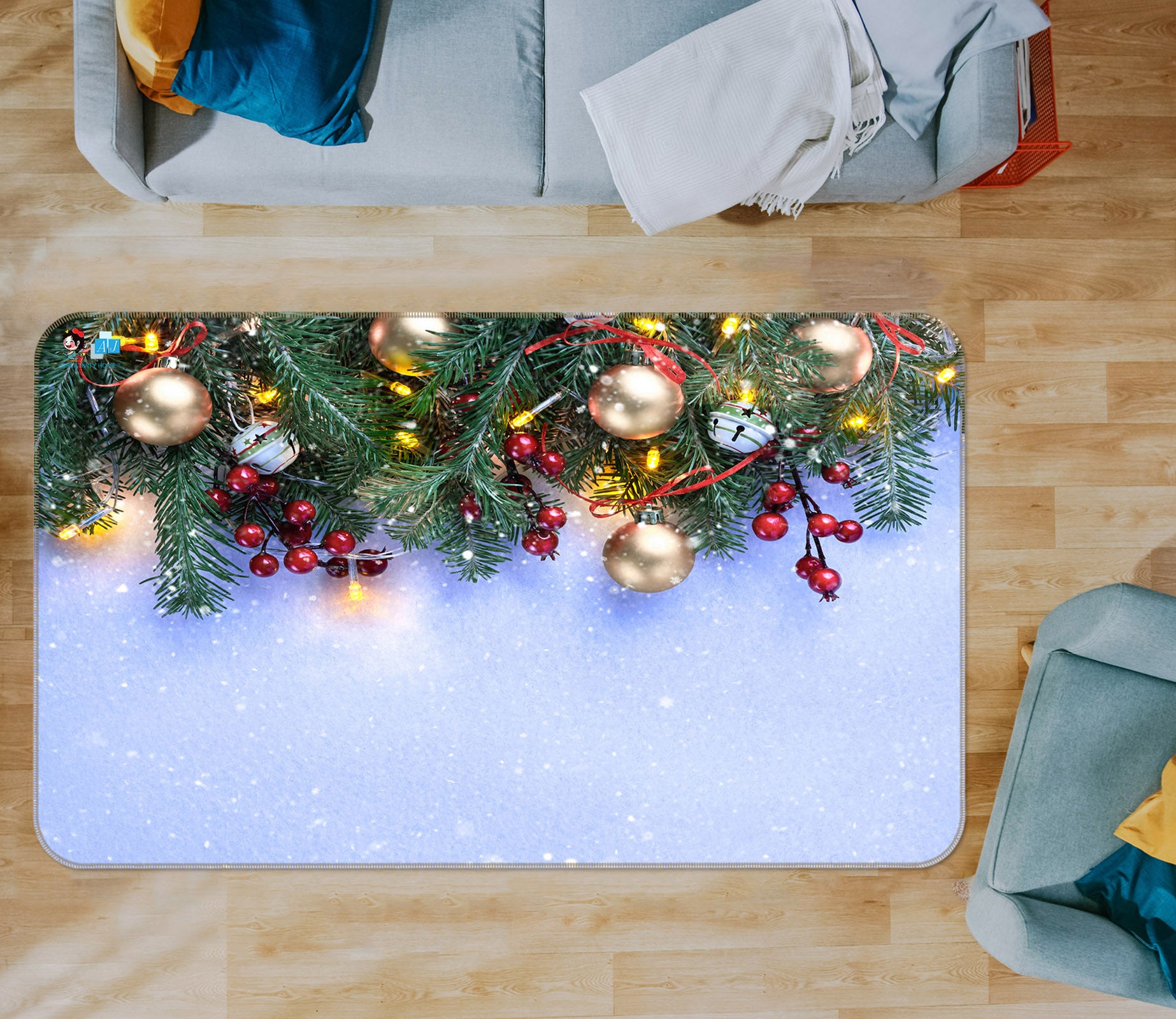3D Branch Golden Ball Pendant 55090 Christmas Non Slip Rug Mat Xmas