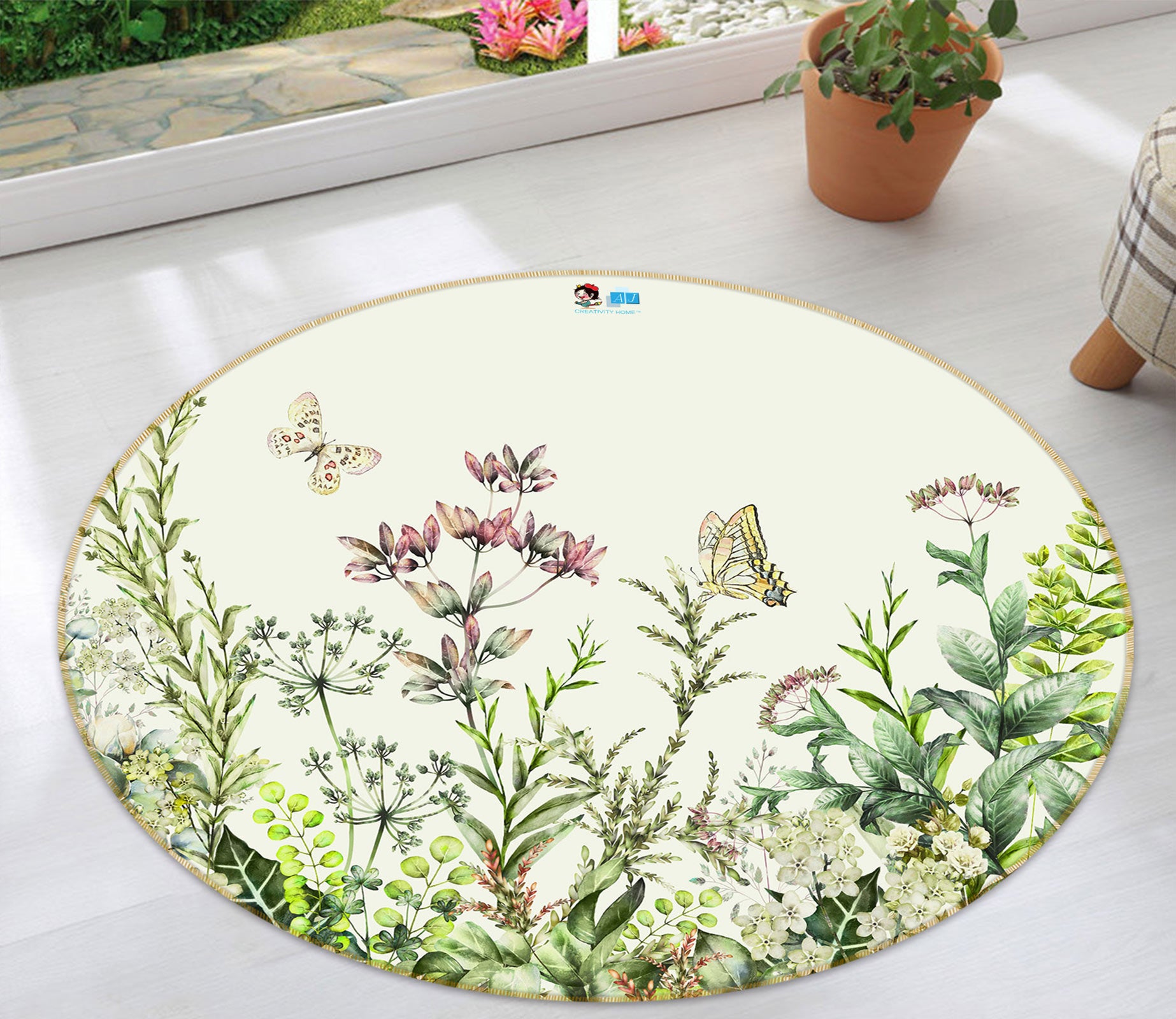 3D Hand Painted Flower Bush 80233 Round Non Slip Rug Mat