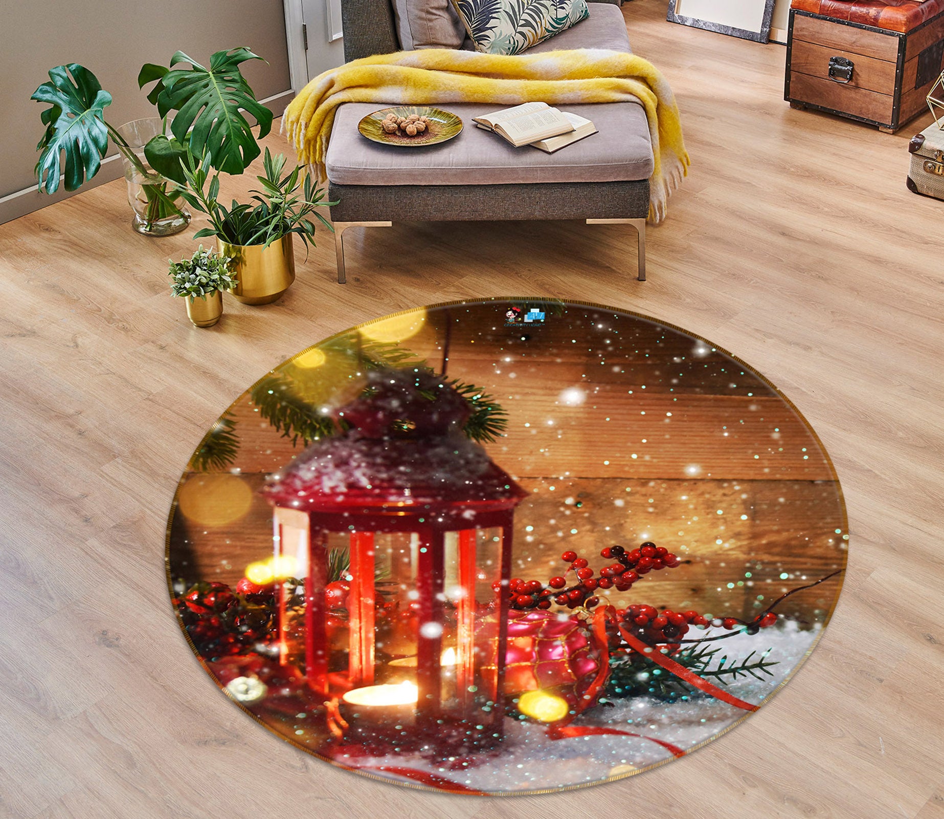 3D Candle Lights Snow 54164 Christmas Round Non Slip Rug Mat Xmas