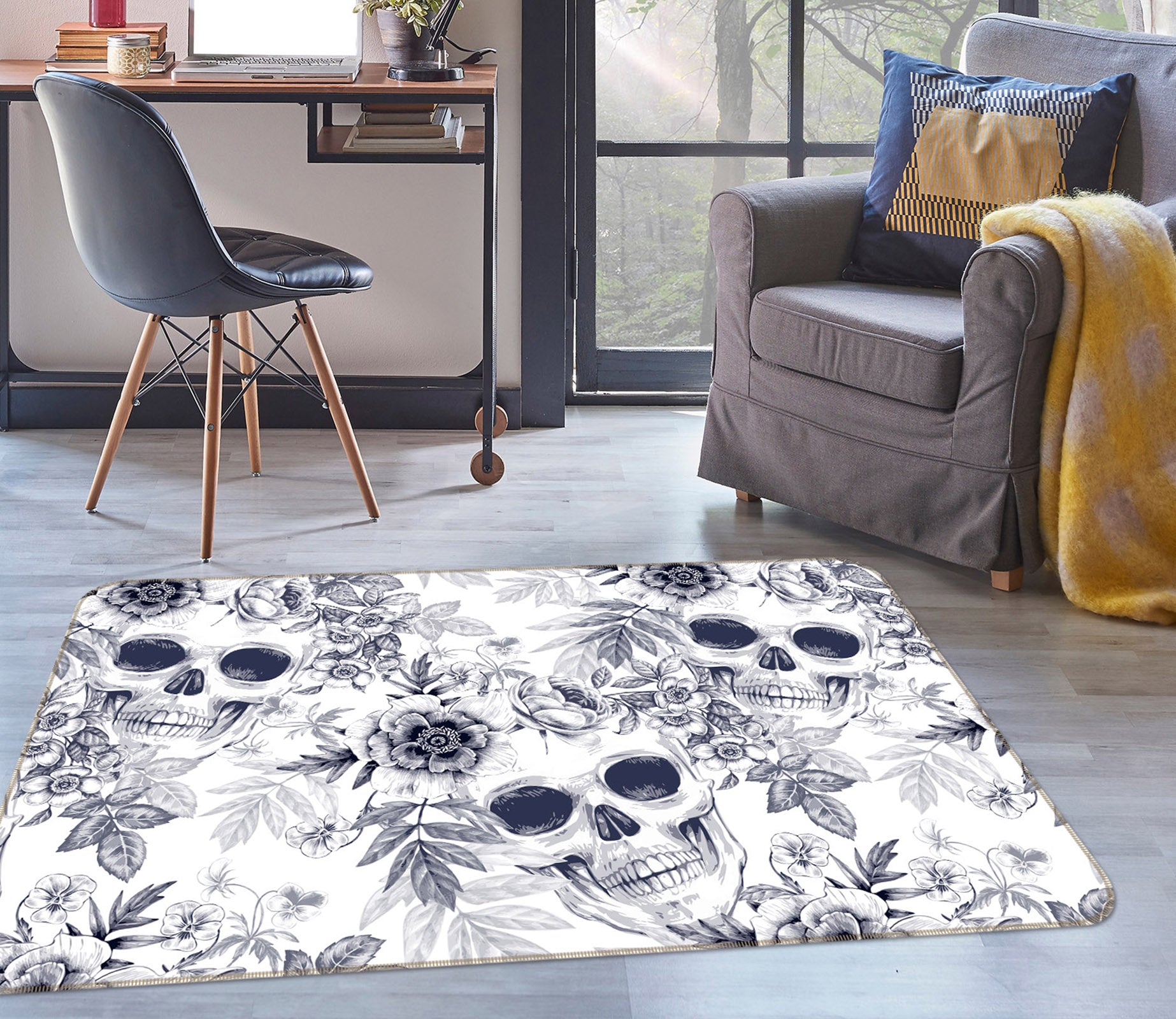 3D Skull Flower 35062 Non Slip Rug Mat