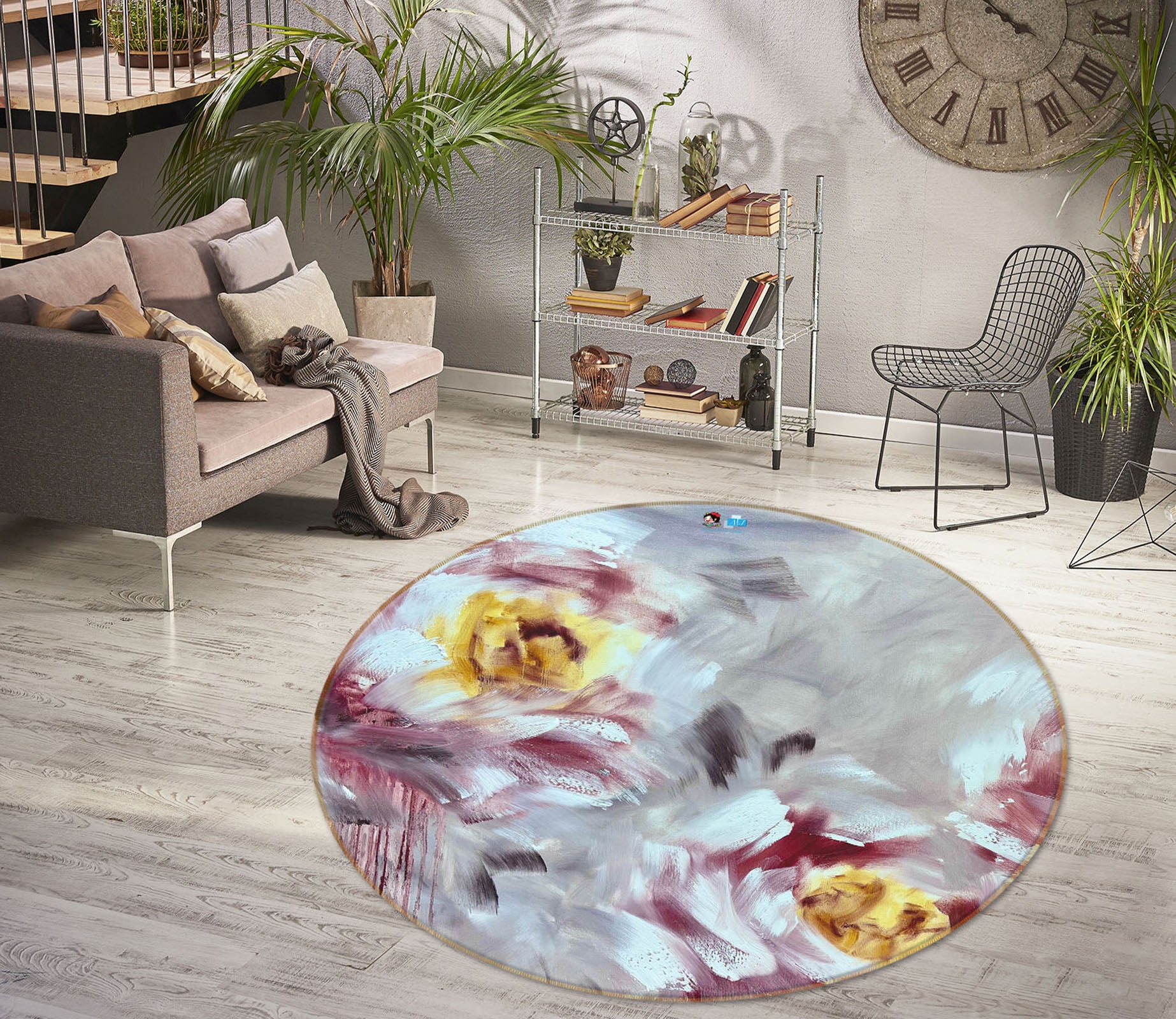 3D Painted Flowers 4034 Skromova Marina Rug Round Non Slip Rug Mat