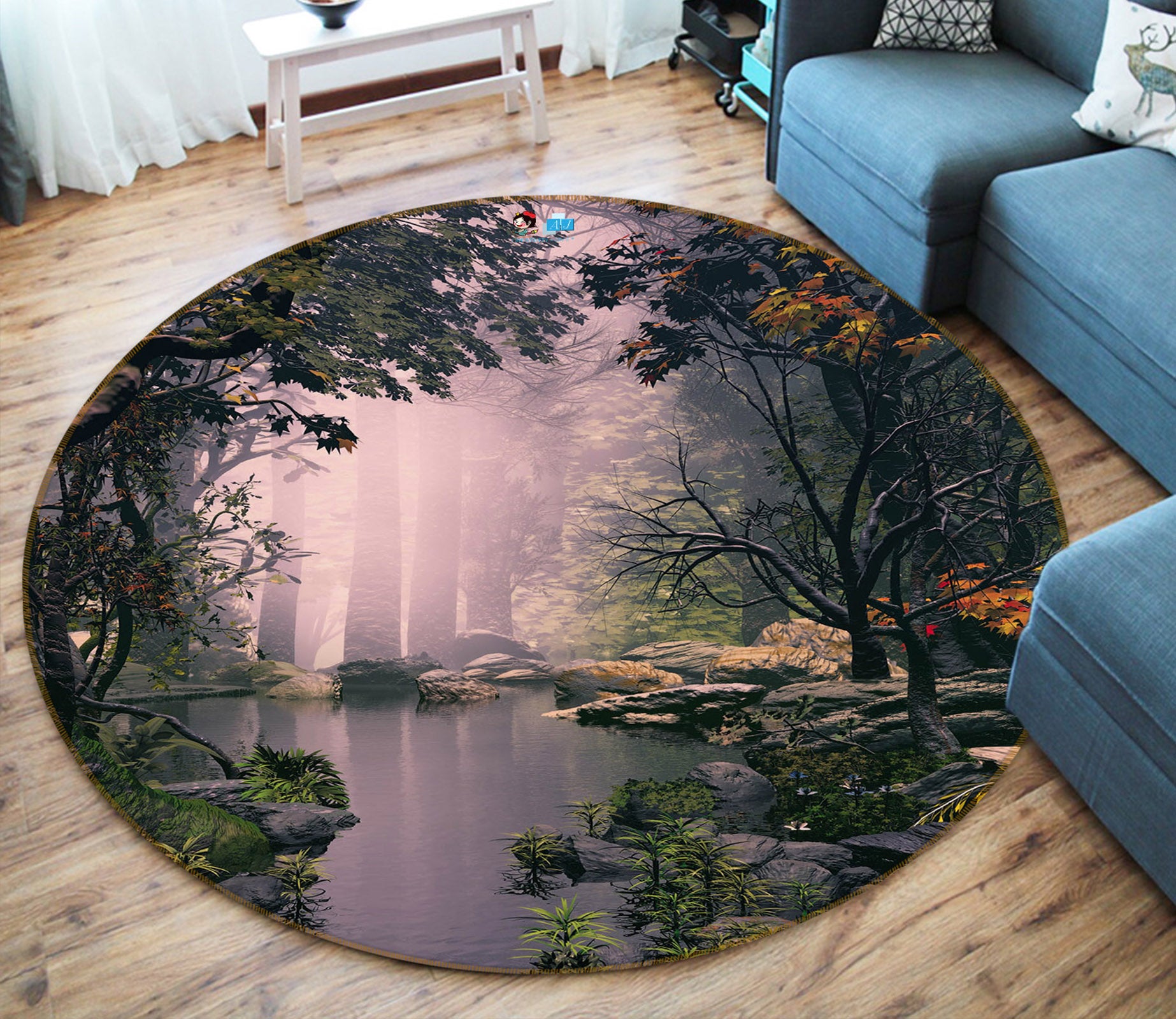 3D Forest River 69085 Round Non Slip Rug Mat