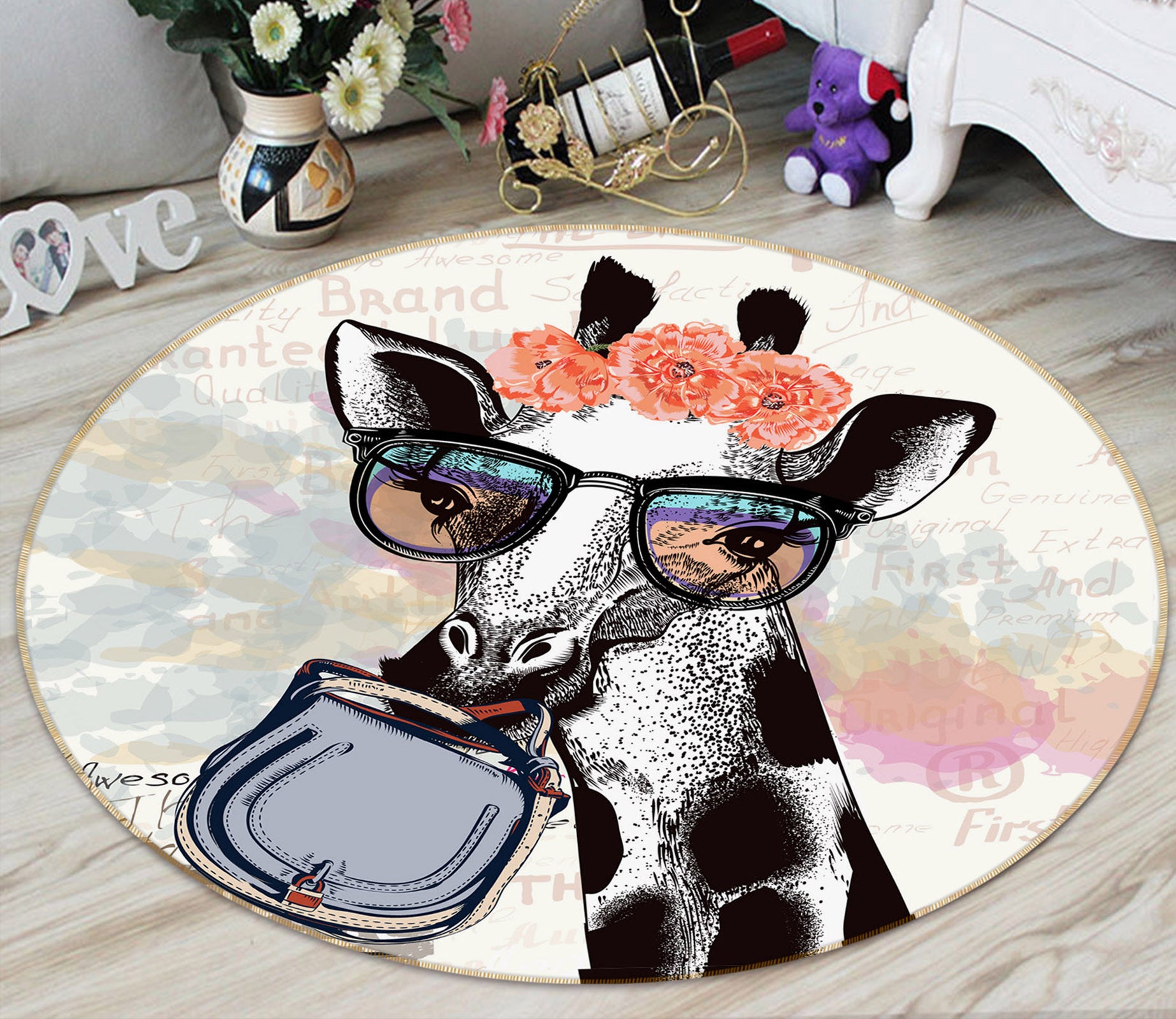 3D Giraffe Sunglasses 29092 Round Non Slip Rug Mat