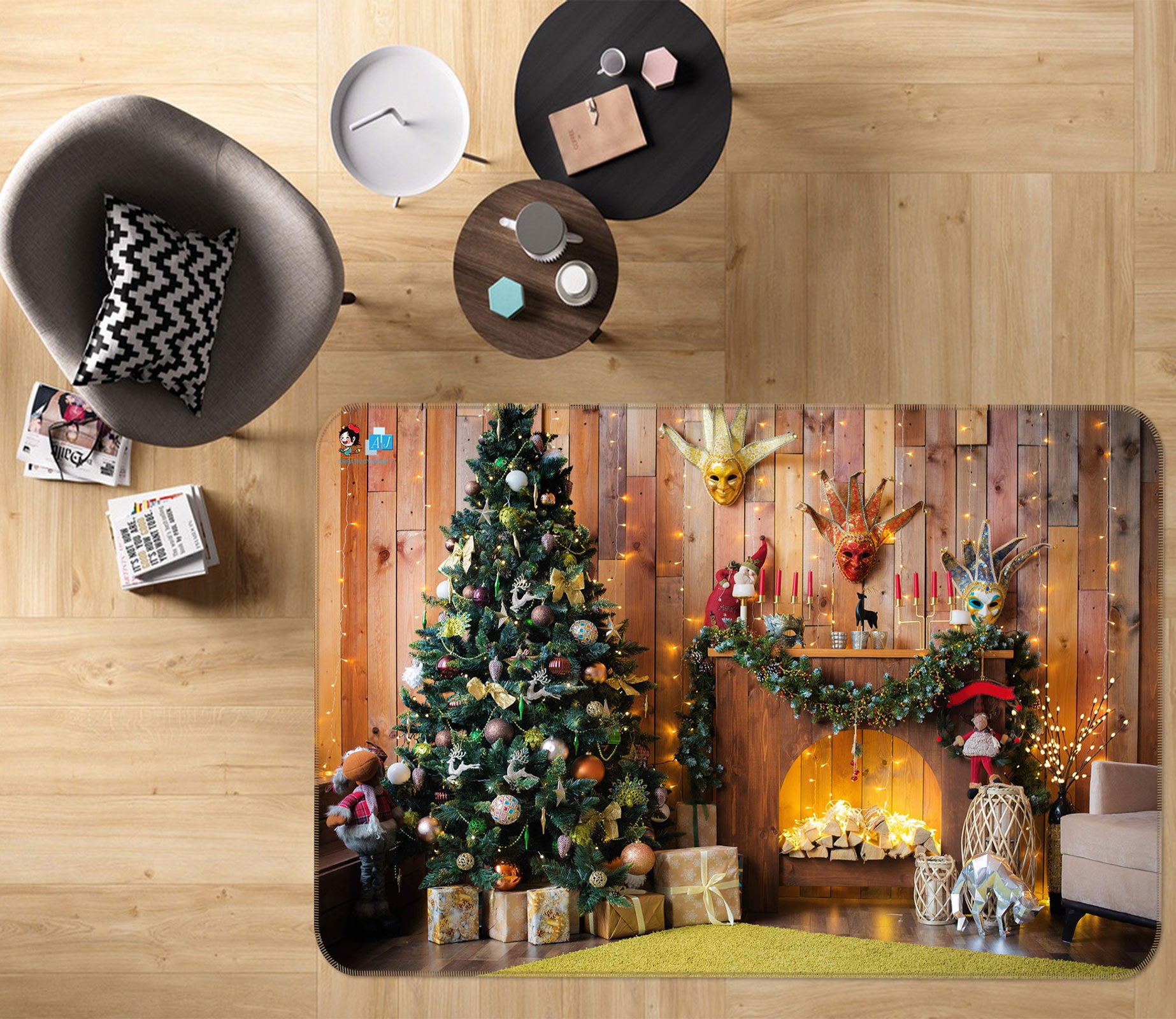 3D Tree Fireplace 55004 Christmas Non Slip Rug Mat Xmas