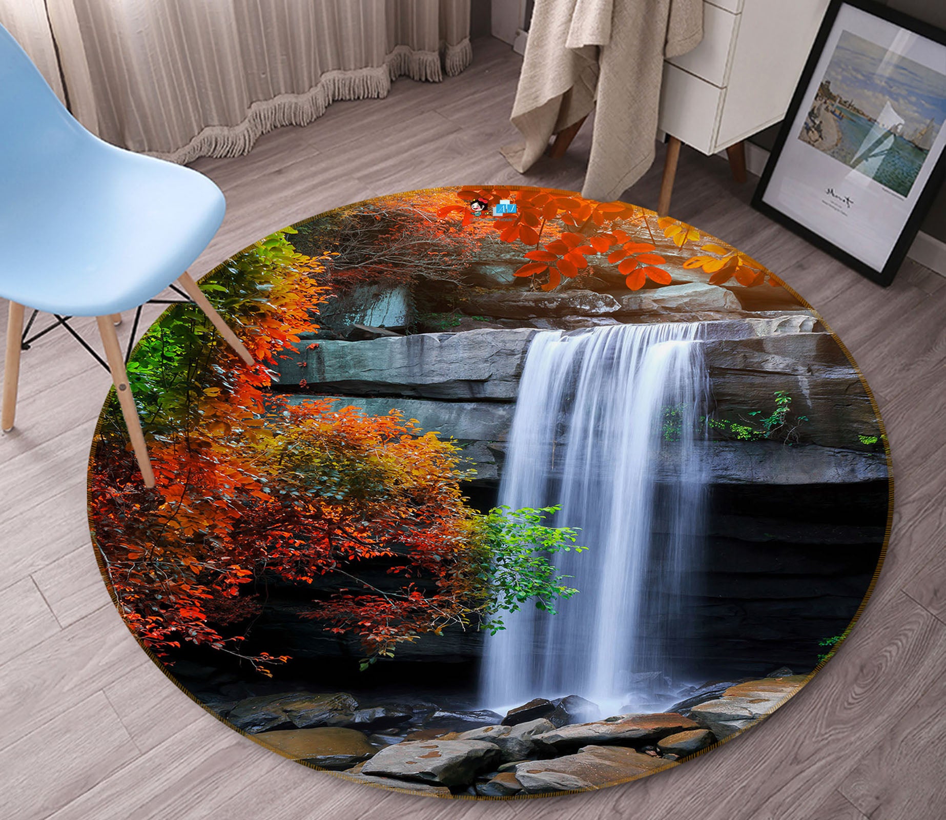 3D Mountain Stone Waterfall 69067 Round Non Slip Rug Mat