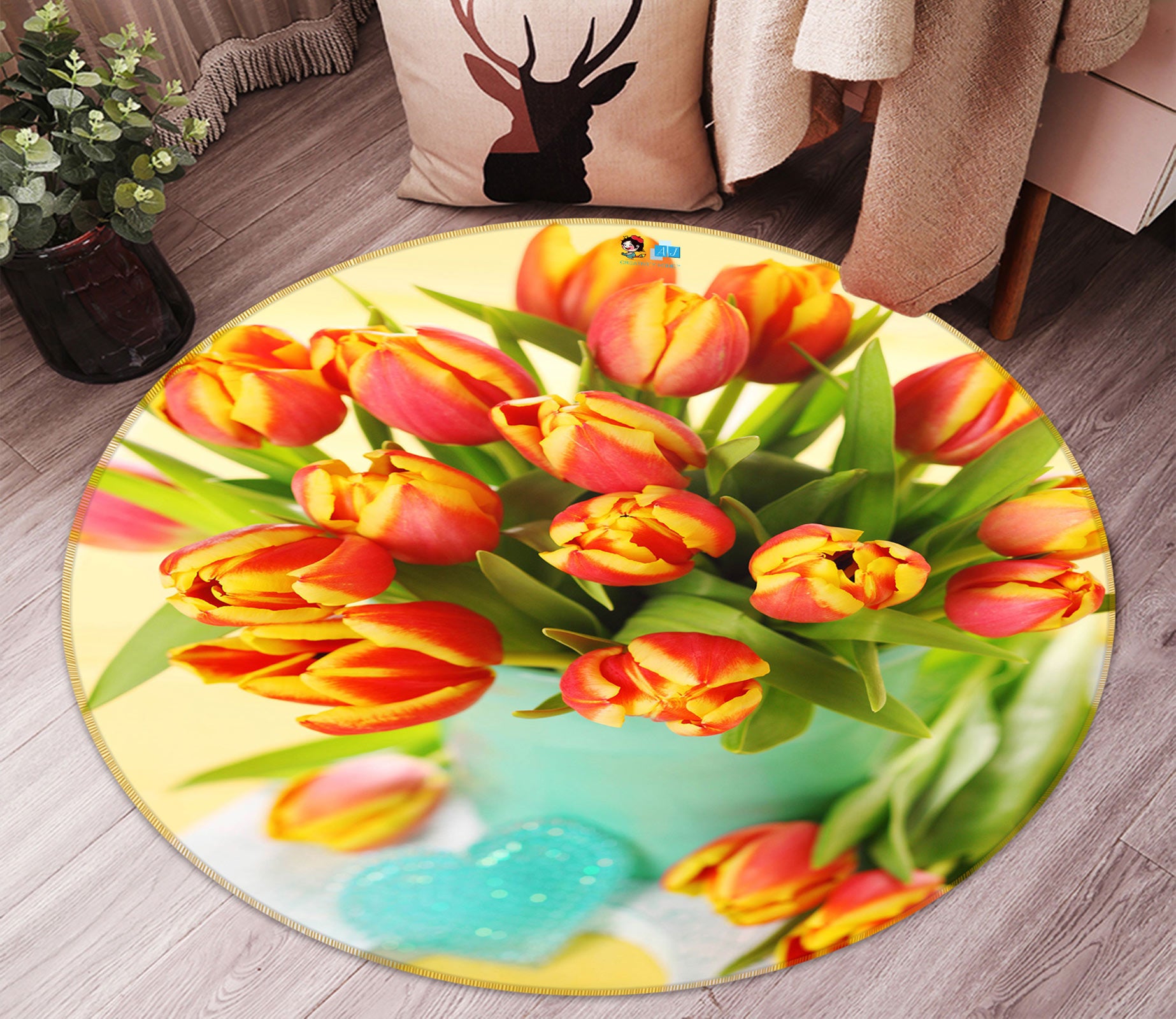 3D Tulip Flowers 73006 Round Non Slip Rug Mat