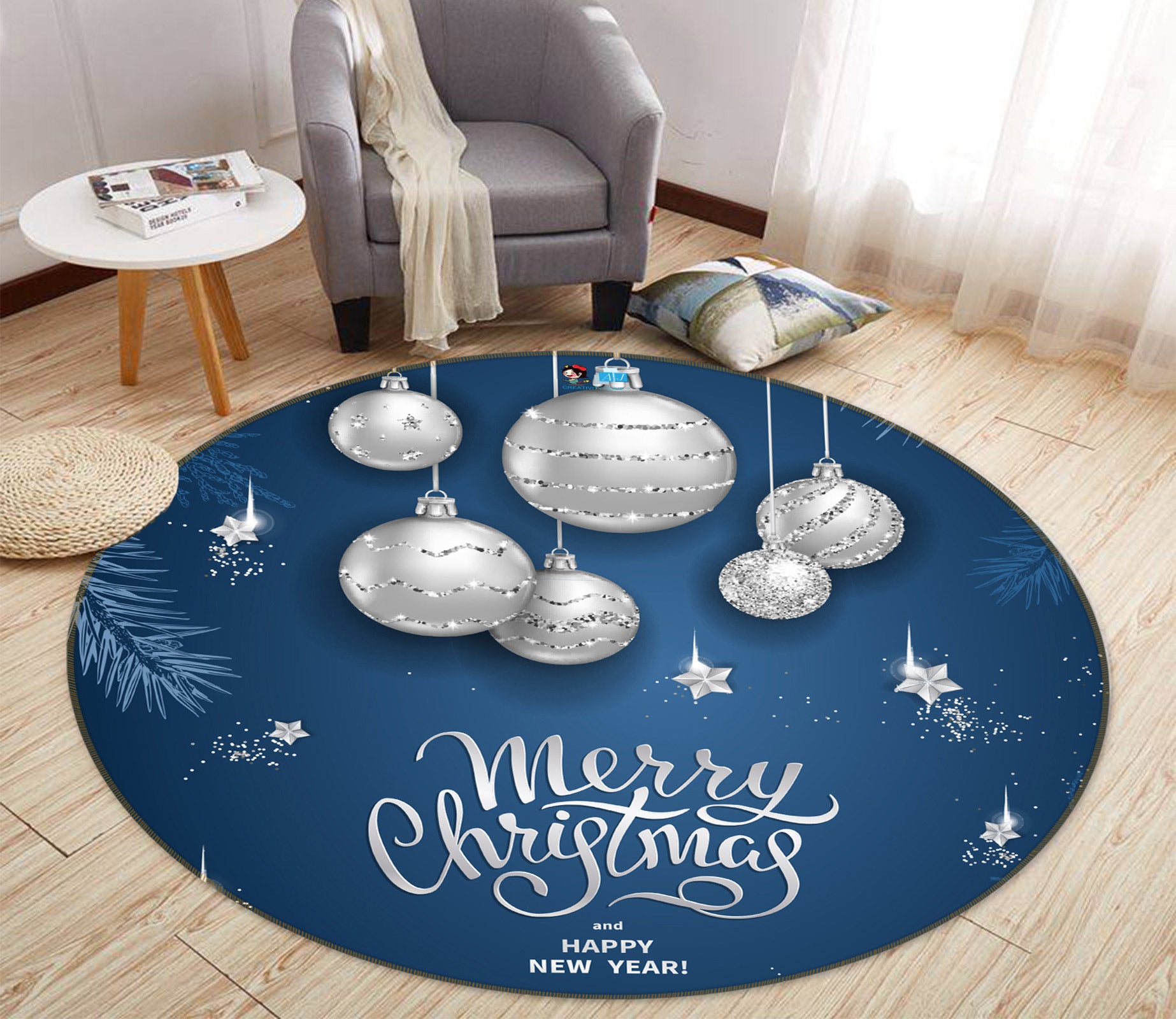 3D White Ball 54072 Christmas Round Non Slip Rug Mat Xmas