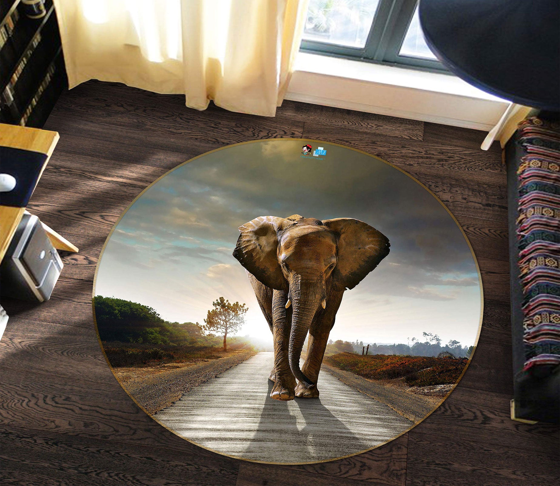3D Elephant 72218 Round Non Slip Rug Mat