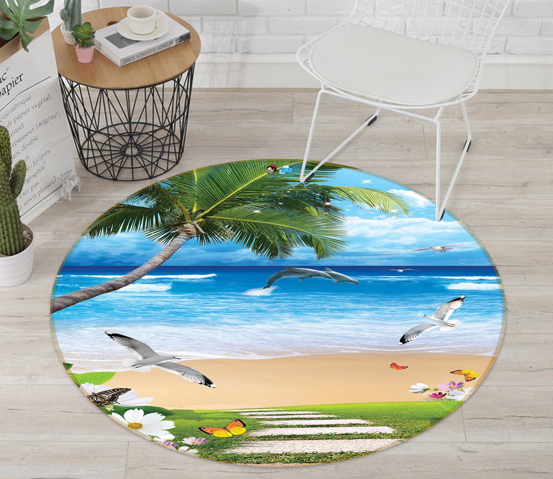 3D Beach Coconut Tree 80260 Round Non Slip Rug Mat
