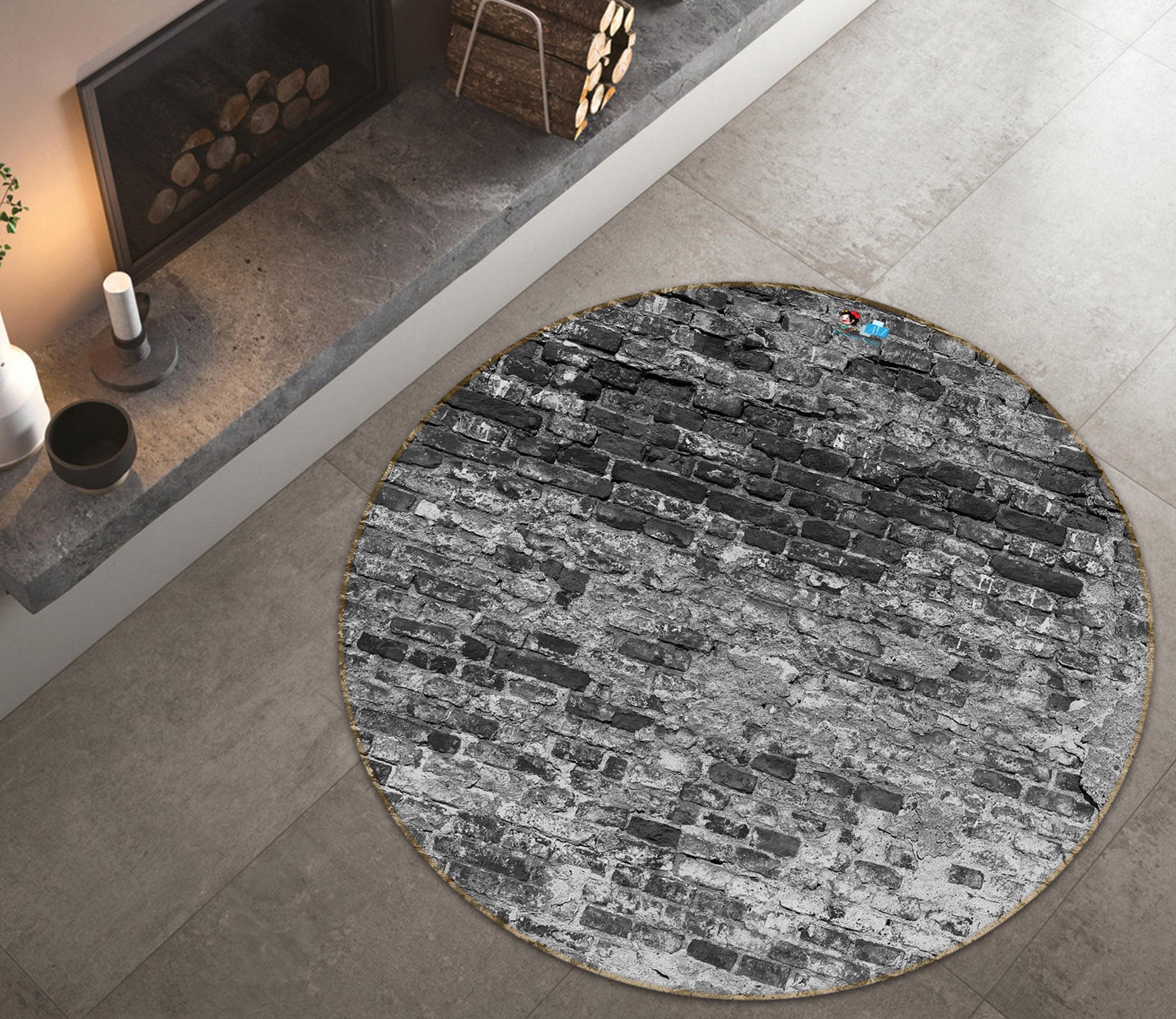 3D Black Gray Brick Wall 74175 Round Non Slip Rug Mat