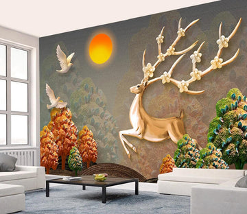 3D Golden Deer Dove WC427 Wall Murals