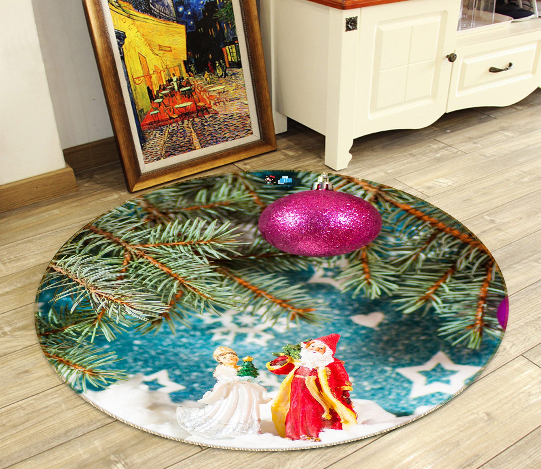 3D Santa Claus Ornaments 54061 Christmas Round Non Slip Rug Mat Xmas