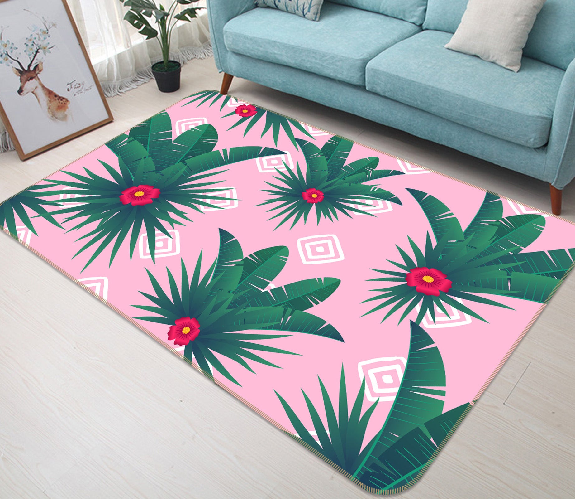 3D Pink Bottom Leaves 30212 Non Slip Rug Mat
